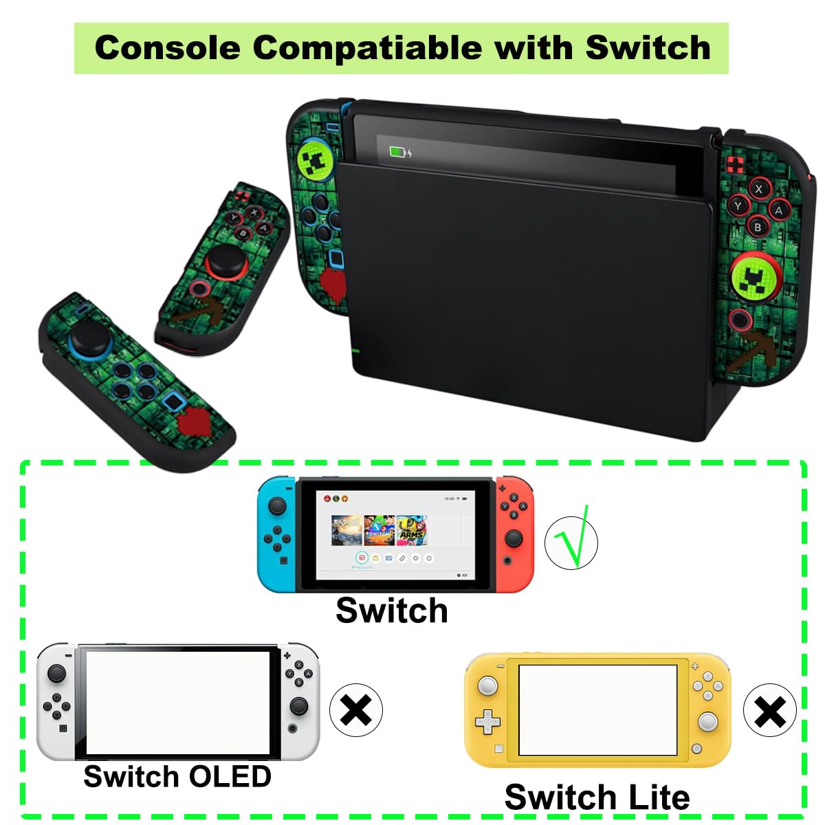 Coque pour Nintendo Switch, Coque Switch et Capuchons de Pouce Souple Silicone Protection Étui avec Antichoc et Résistant aux Rayures Housse Fine Étui Voyage & 4 Pièces Joystick Capuchons (Vert)