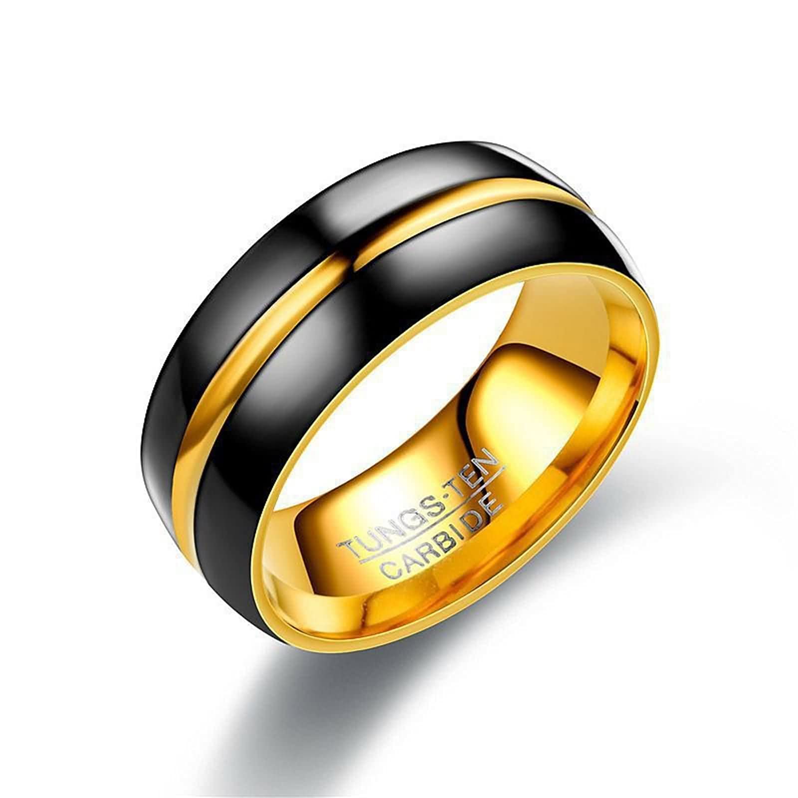 Banemi Anillos Compromiso Hombre, Joyas Acero Inoxidable Anillos 6mm Pulido Negro Dorado Hombre Anillo de Amor Talla 9.5-30