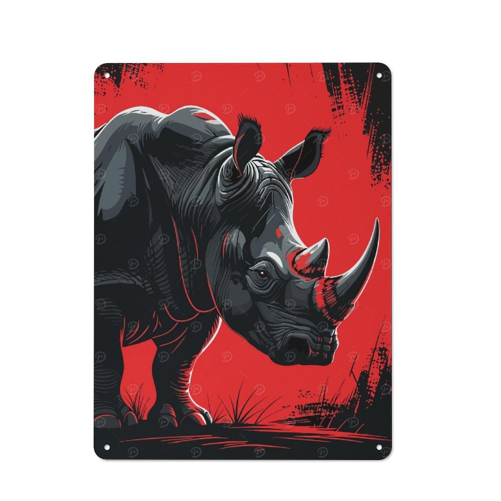 Junmoney Stylized Rhino Illustration On Red Background Classic Metal Wall Decor 40X30cm, Decorative Metal Sign For Workspace, Cafe, Shop Or Desk Area