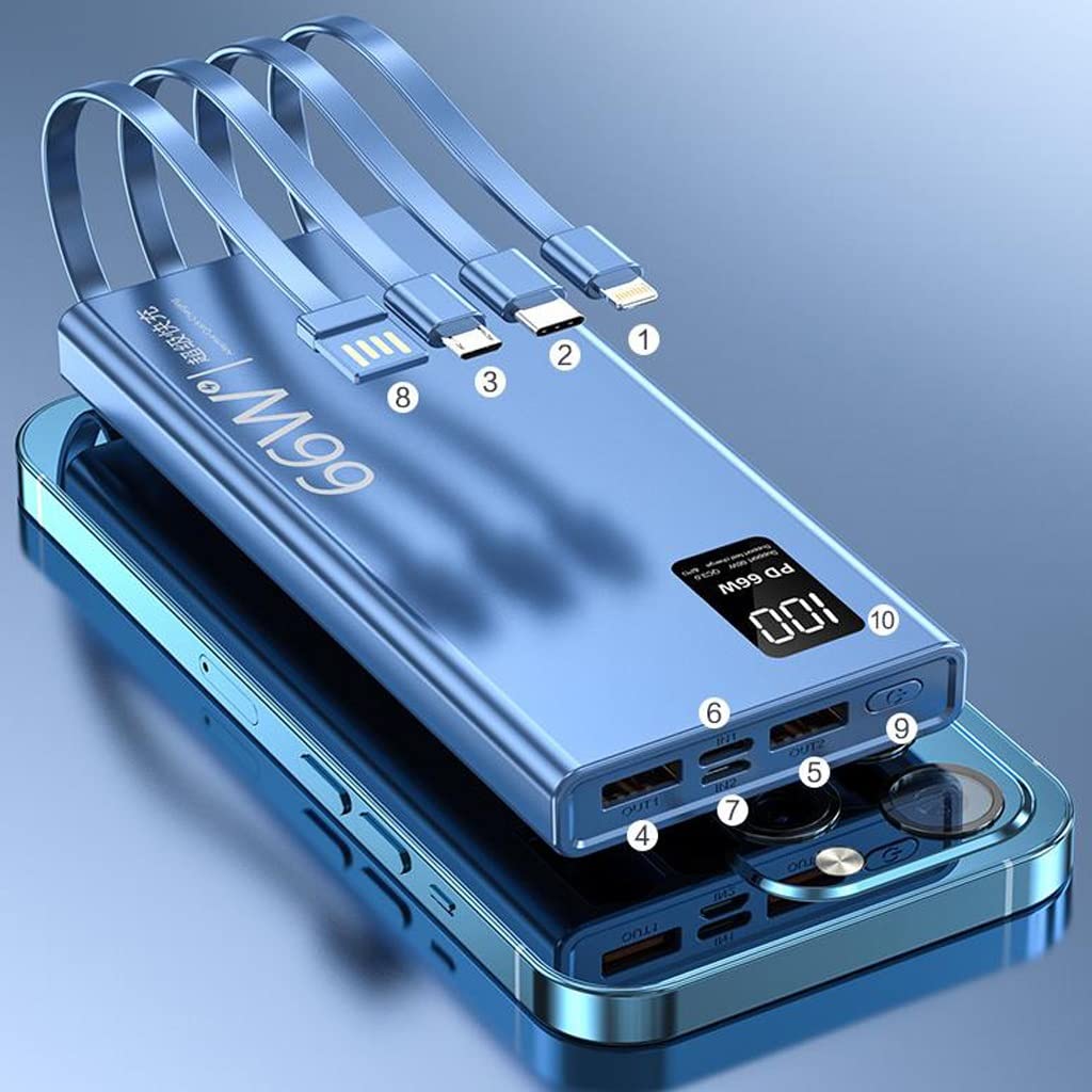 Carga superrápida 66W Línea autónoma Ultrafina Banco de energía de Gran Capacidad 20000 MAh Carga Flash Fuente de alimentación móvil (Color : Blue, Size : 20000mAh)