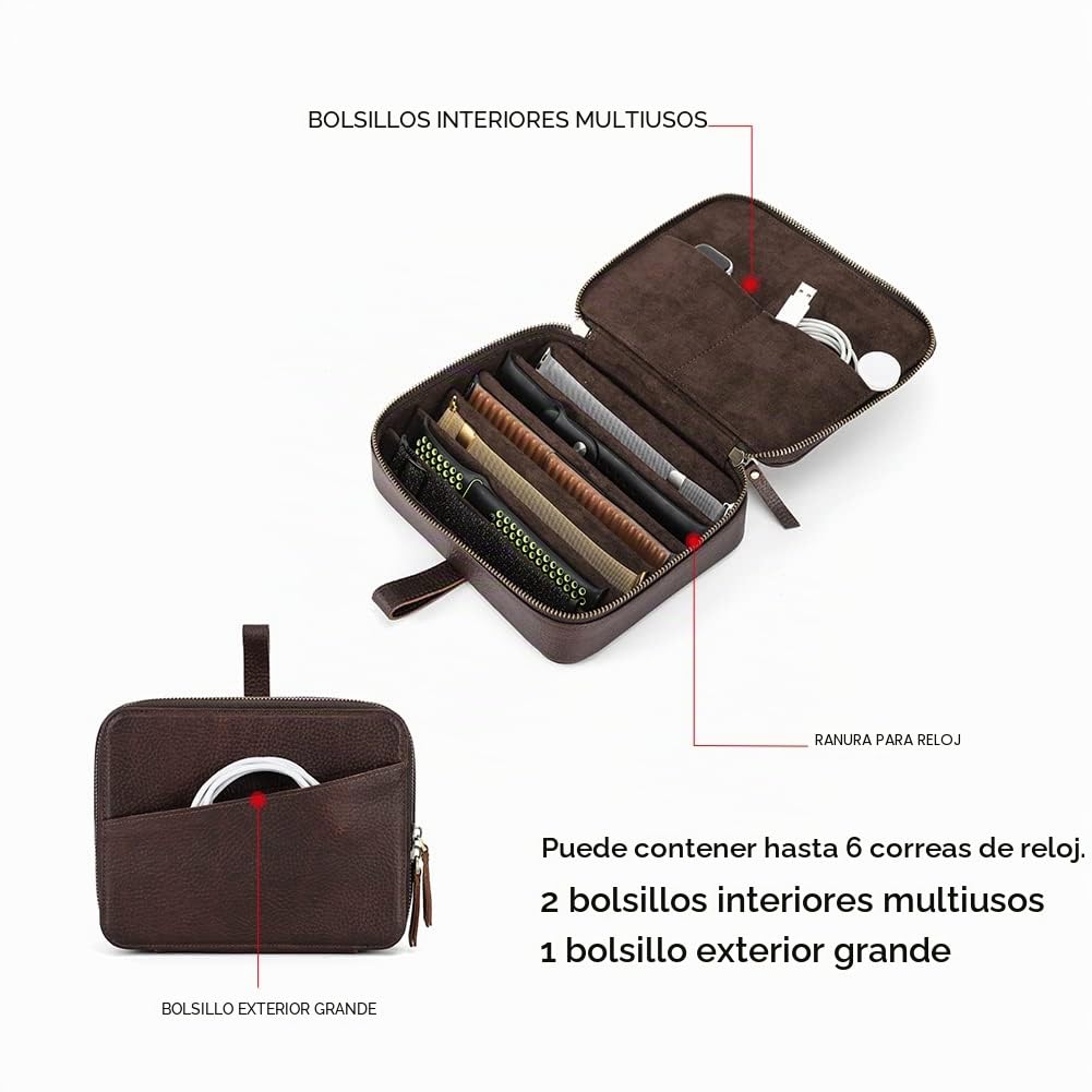 Hiram Organizador de cuero para correas de reloj con asa, caja de almacenamiento portátil para Apple Watch y correas mecánicas