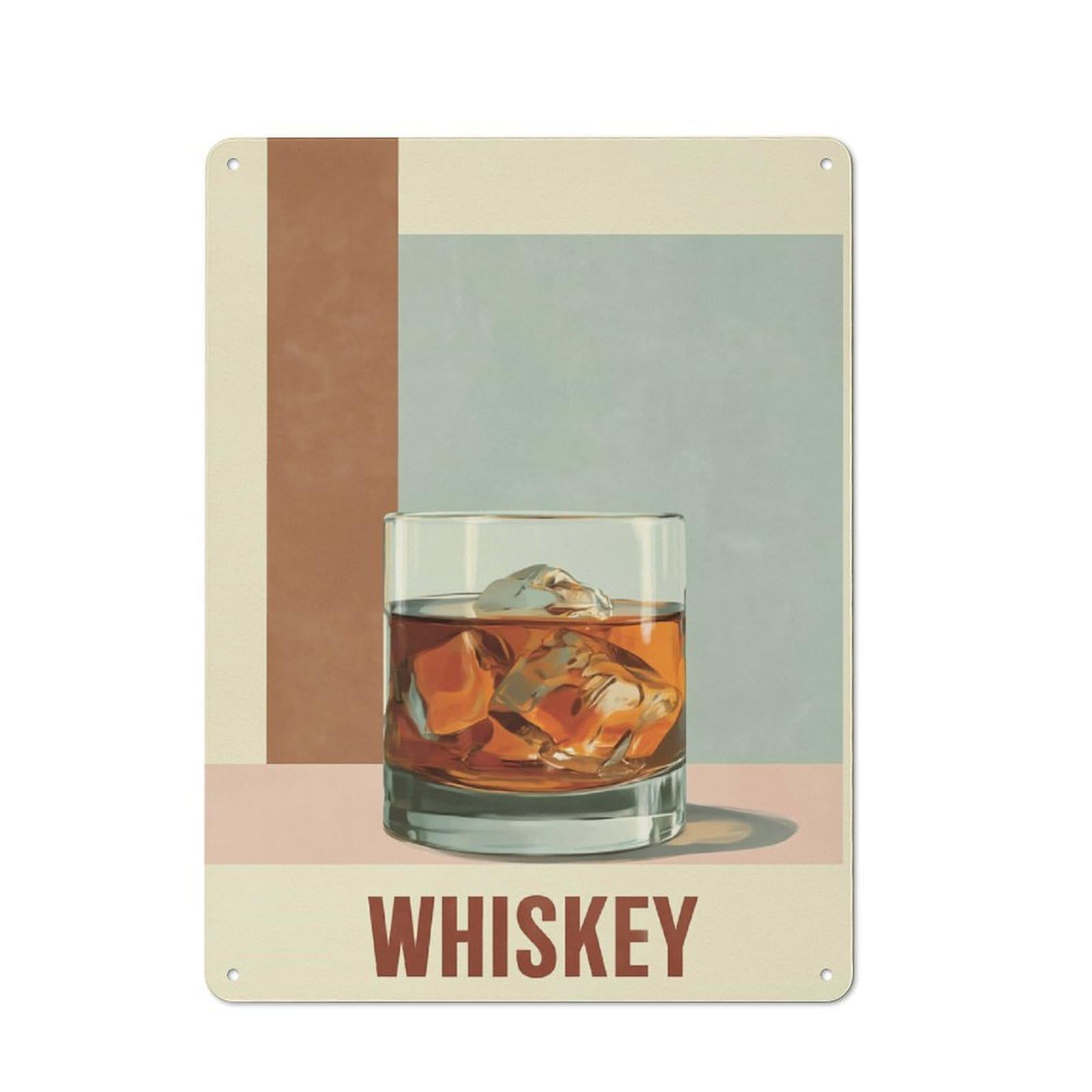 Whiskey Glass with Ice Cubes Printed Metal Sign 40x30cm for Hobby Room Or Studio, Gift Idea at Christmas for Creative Interior Collectors