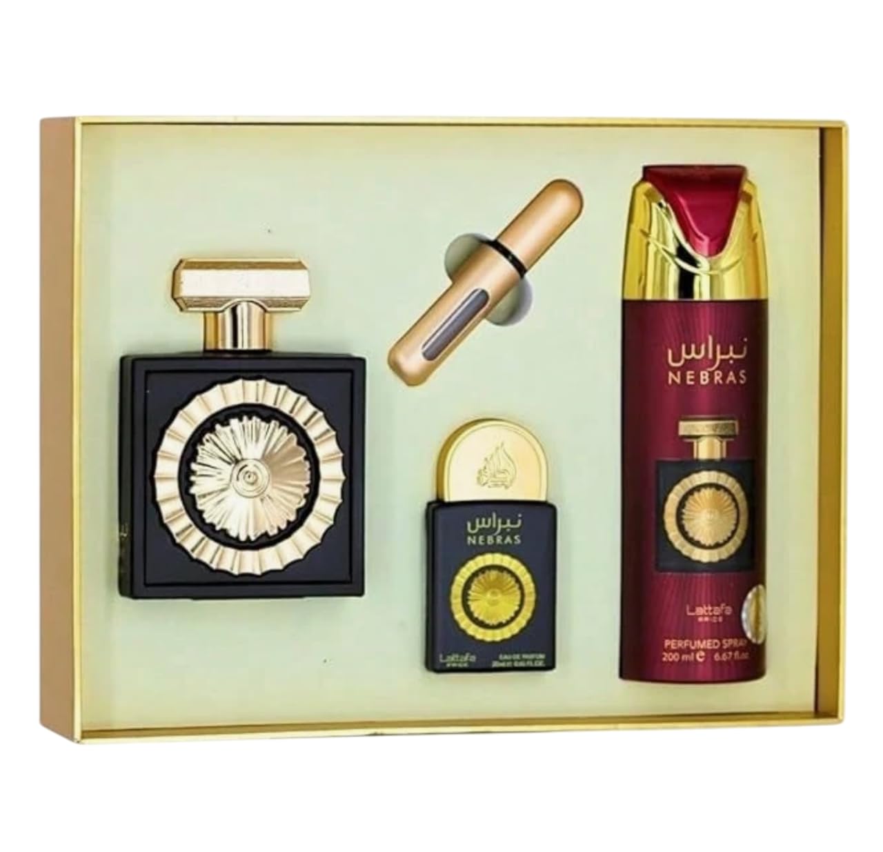 Nebras Gift Set Lattafa, Perfume Eau De Parfum 100ml + Mini Perfume 20ml + Desodorante 200ml + Atomizador Recargable – Fragancia Árabe Unisex Dulce Oriental con Vainilla y Cacao (Nebras Gift Set)