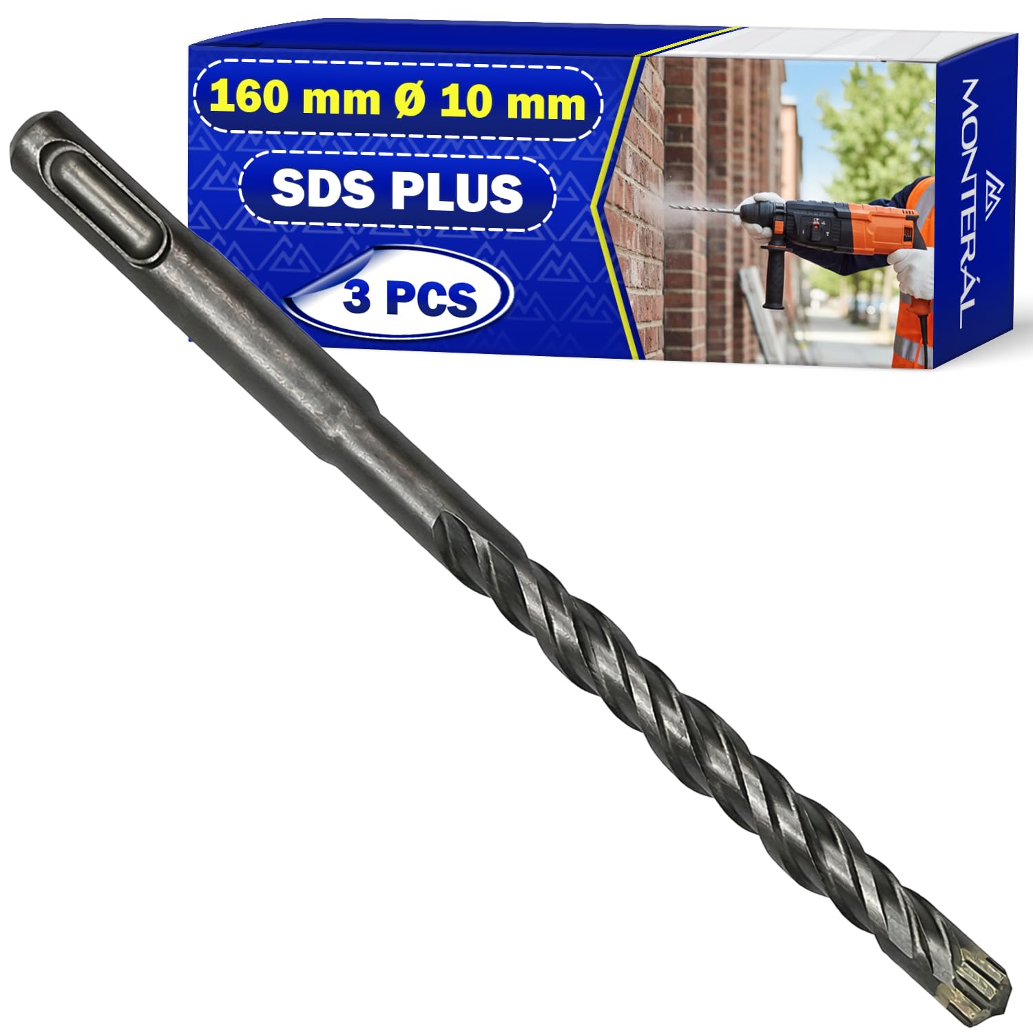 Broca Hormigon SDS Plus Ø 10 mm x 160 mm Fabricada en Acero y Carburo de Tungsteno - Broca para Hormigon se Puede Usar para Ladrillo Paredes Piedra Hormigón Armado - MONTERAL