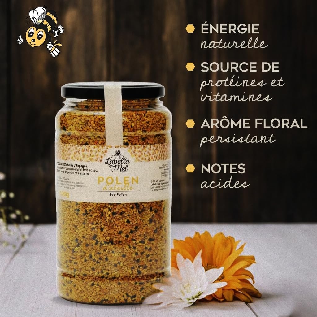 Pollen d'abeille cru et naturel 1 kg.Ce bee pollen doré et parfumé provient d’apiculteurs passionnés. Idéal pour renforcer l’immunité, retrouver énergie et équilibre, et sublimer vos petits déjeuners.