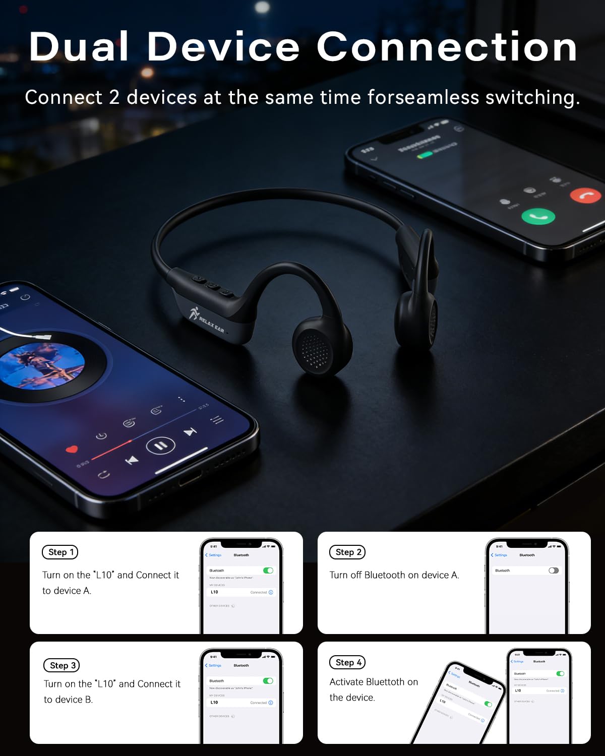 SANOTO Knochenschall Kopfhörer, Open Ear Kopfhörer Bluetooth 5.3 Bone Conduction Kopfhörer Kabellos wasserdichte Schweißfeste Sportkopfhörer Kopfhorer für Läufer Fahrrad Radfahren Fitness (Schwarz)