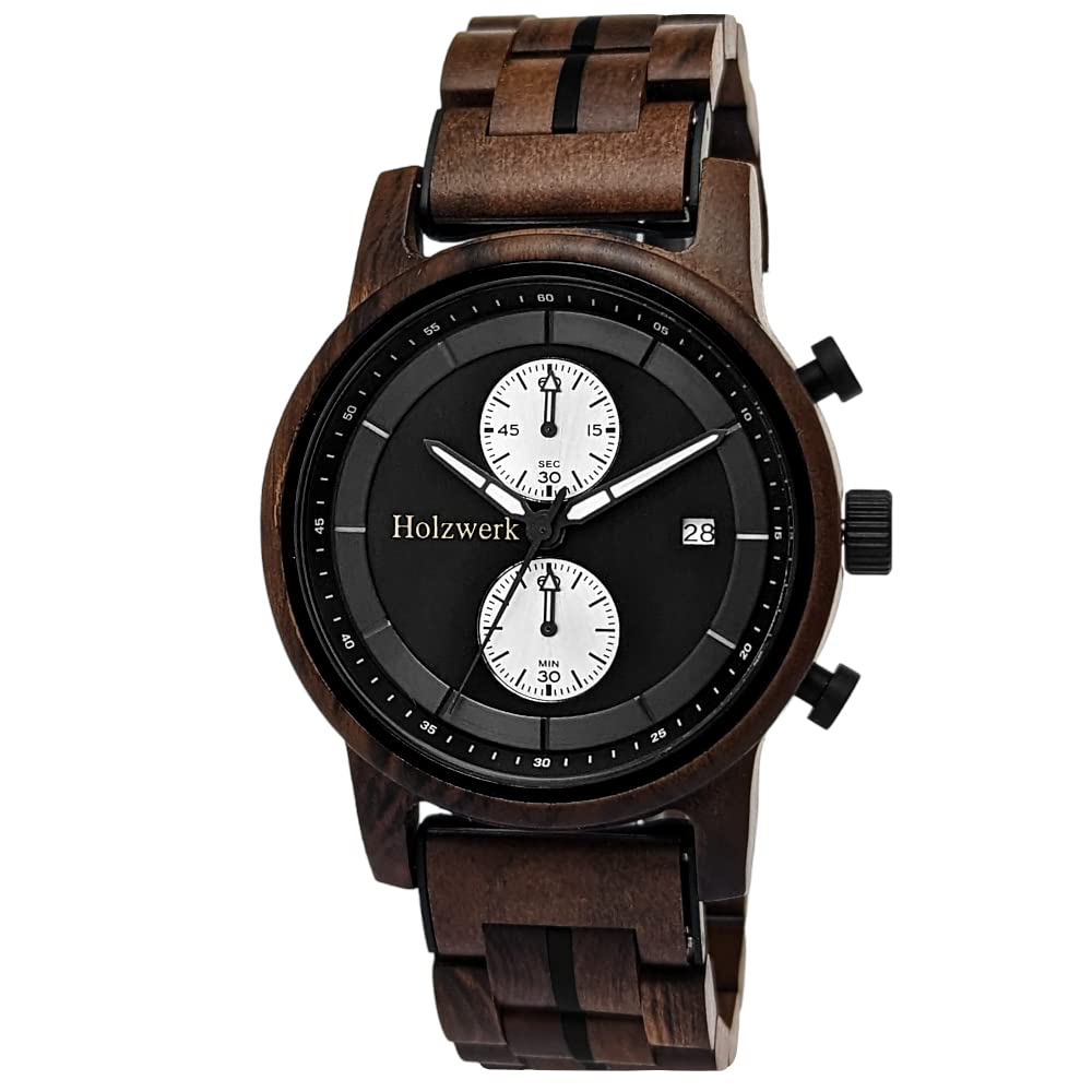 Holzwerk Germany Ręcznie wykonany designerski zegarek męski ekologiczny naturalny drewniany zegarek chronograf pasek zegarek analogowy zegarek kwarcowy brązowy czarny data drewno, brązowy,czarny