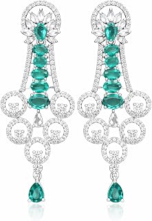 Chandelier Earrings with Emerald Green Stones and Crystal CZ, Silver Finish, Contemporary Style Price In India