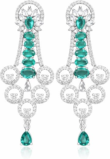 Chandelier Earrings with Emerald Green Stones and Crystal CZ, Silver Finish, Contemporary Style