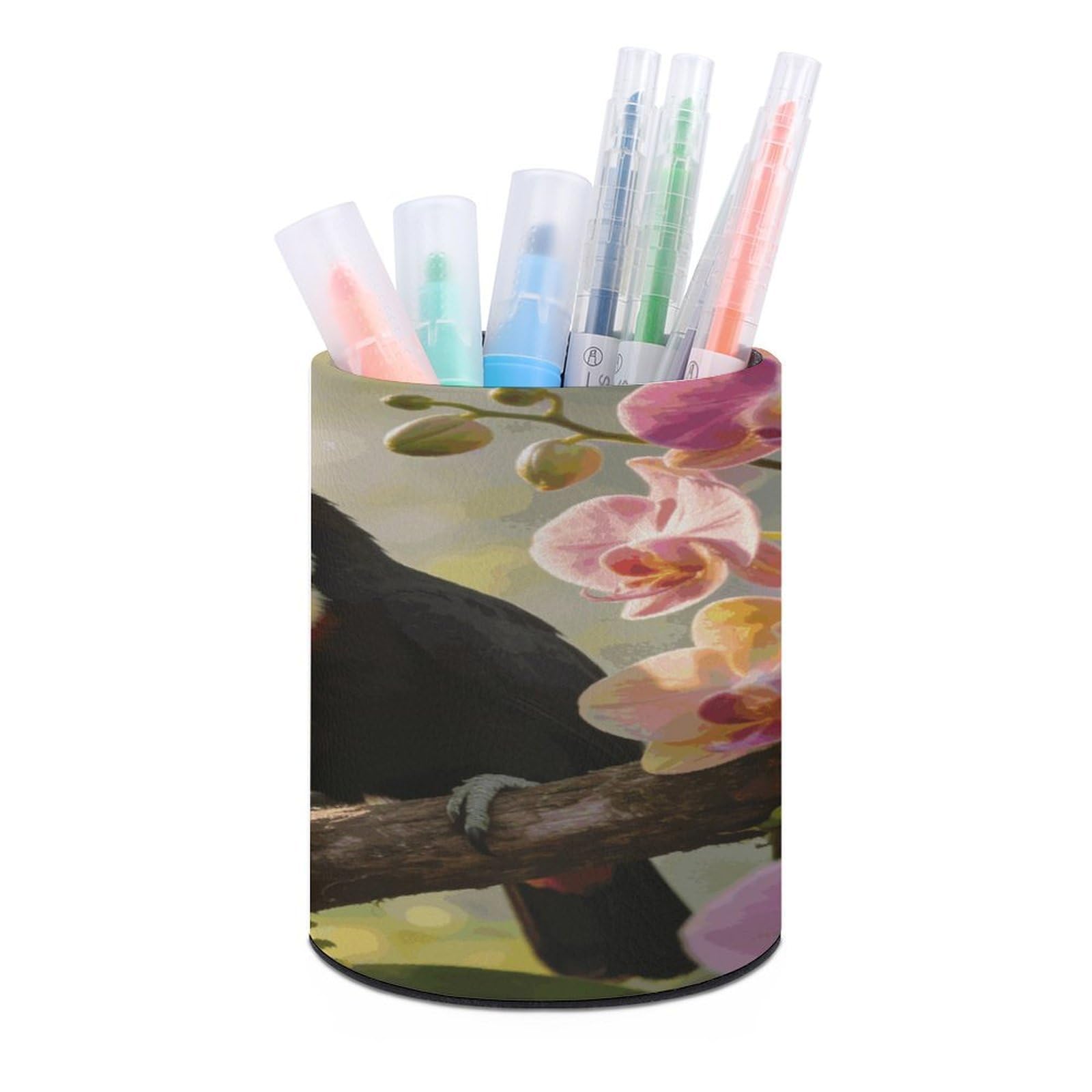 The Morning Song of The Toucan And The Orchid Pen Holder Multi-Functional Round Pencil Holder Cute Office Decoration Pen Cups Simple Design PU Leather Paintbrush Cups for Home Office Desk