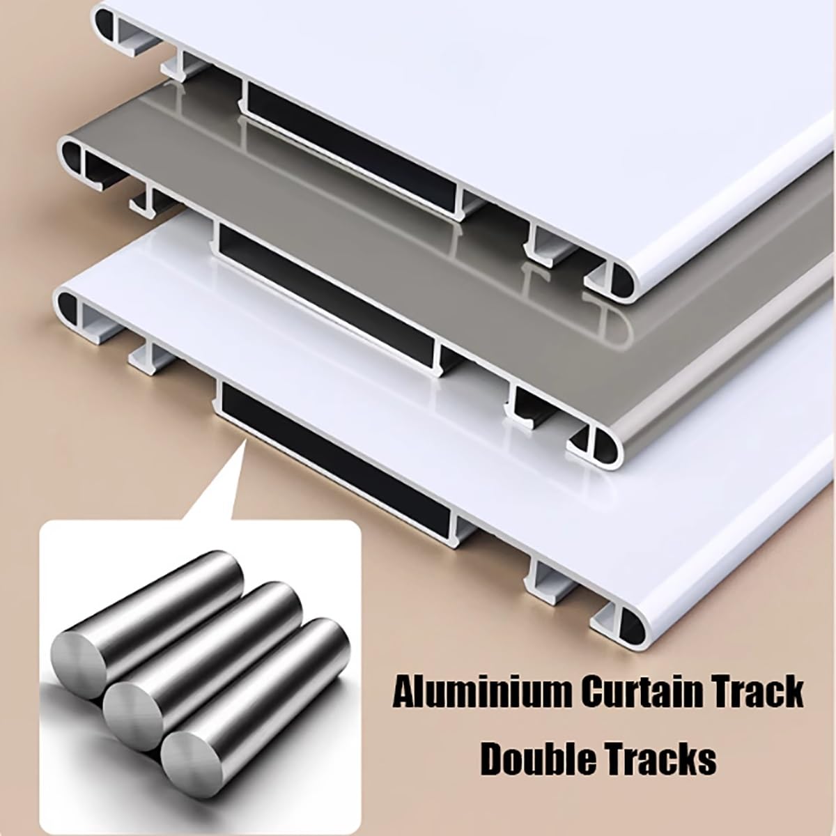 Aluminiowy podwójny szyn sufitowy, do zasłony, 500 cm, cichy drążek przesuwny do przegrody pokoju, sypialni, na balkon, regulowana długość od 1,2 m do 5,8 m, szampański