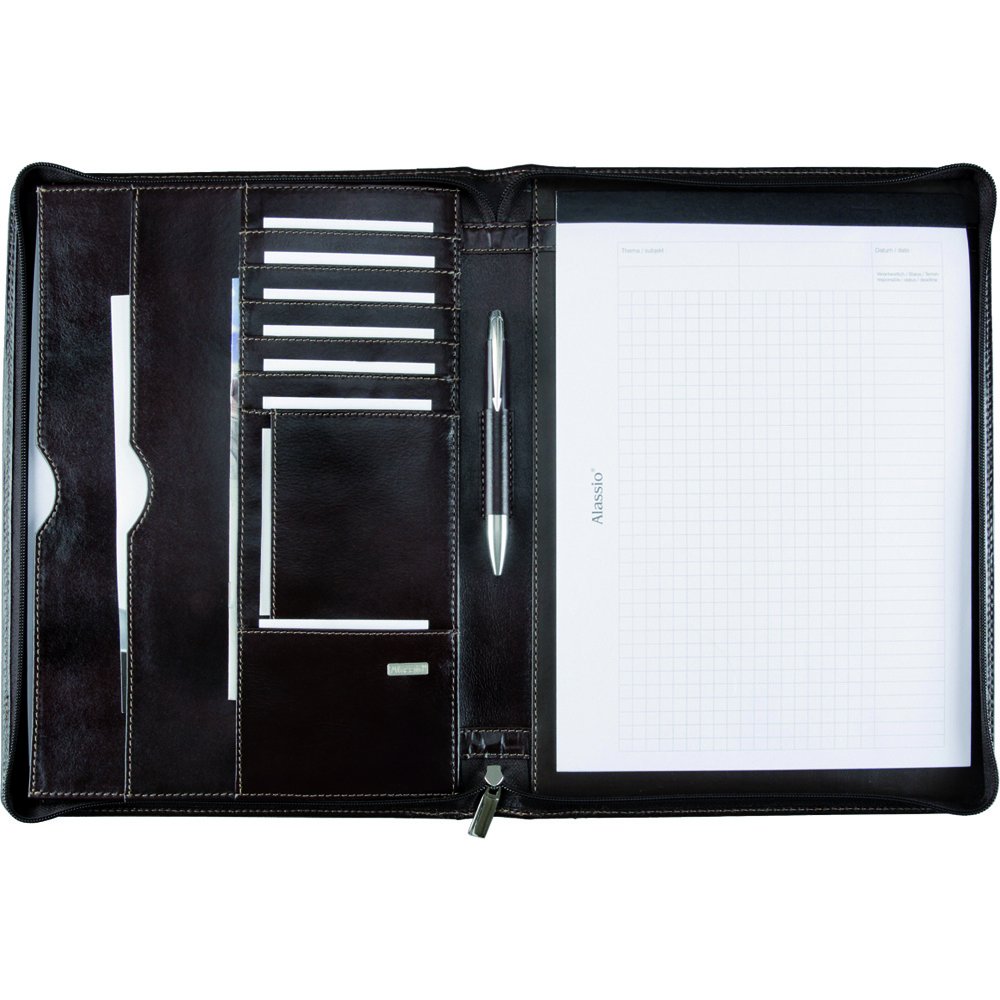 ALASSIO 30054 Schreibmappe MONACO, Tagungsmappe im DIN A4 Format, Businessmappe aus planzlich gegerbtem Leder, Reißverschlussmappe, 6 Visitenkartenfächer, dunkelbraun, antik, ca. 33 x 25 x 3,5 cm