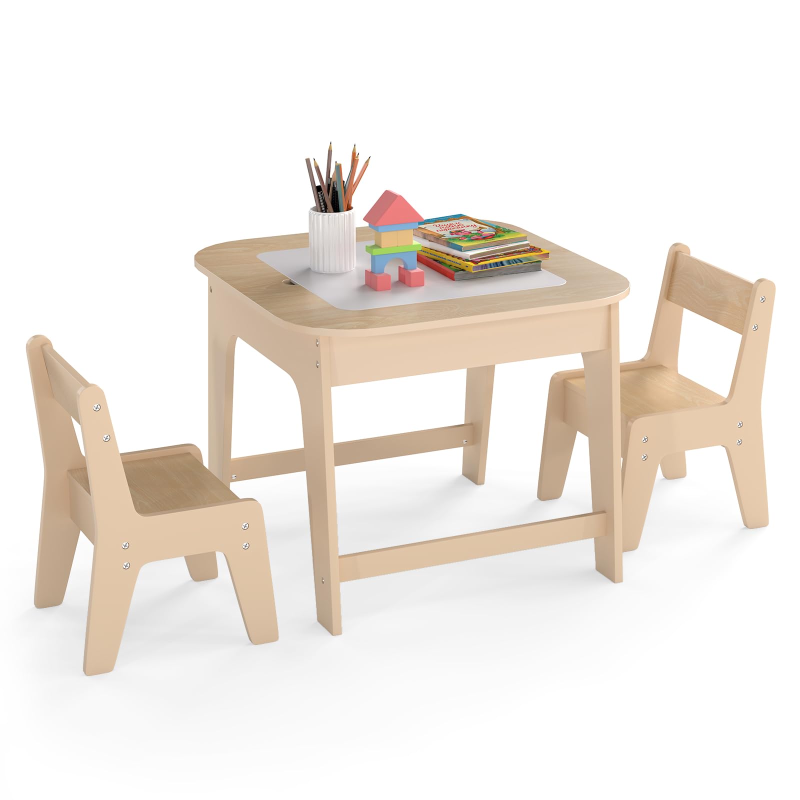 COSTWAY Set Tavolo e 2 Sedie per Bambini, con Lavagna Reversibile, Tavolo Multiattività con Vano Portaoggetti Nascosto e Sedie, per Bambini da 3-6 Anni, per Cameretta e Soggiorno (Giallo)