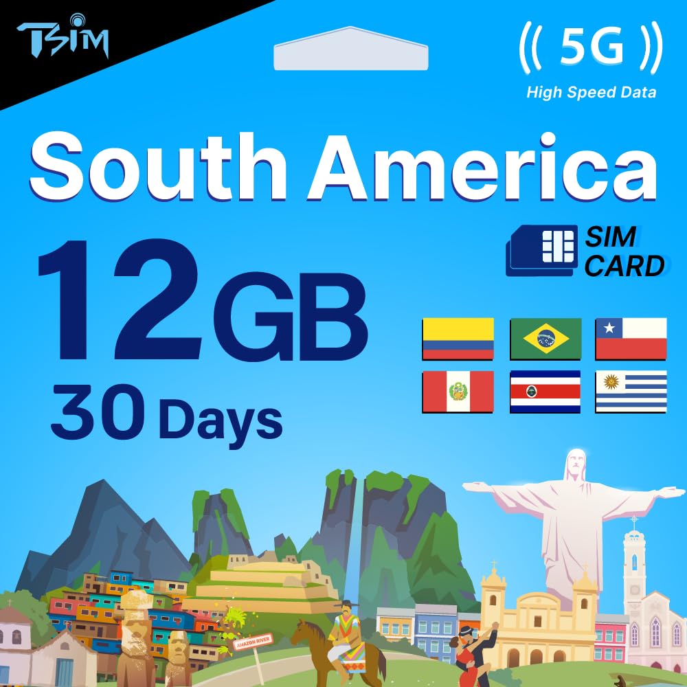 TSIM Tarjeta SIM de 30 días para América del Sur | 12 GB de Internet en 5G/4G/LTE (datos compartidos permitidos) | Utilizable en Brasil, Chile, Colombia, Perú, Uruguay y Costa Rica | Red 5G de alta