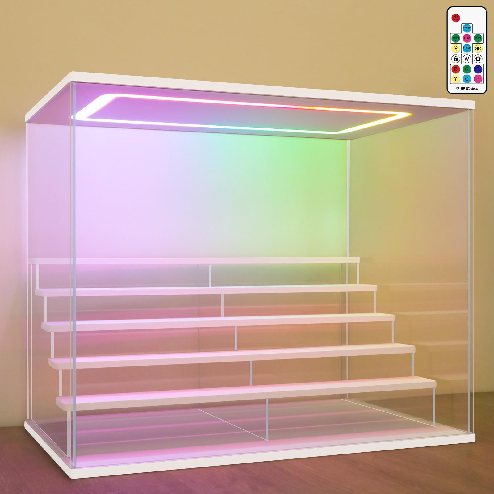 Nonemey Vitrina Expositora Transparente con Luz Led de Colores,3/4/5/6 Niveles Cajas de Metacrilato,Antipolvo Caja Organizadora,Vitrina Acrílica para Colecciones (Blanco, 6Tier-49*30*40 cm)