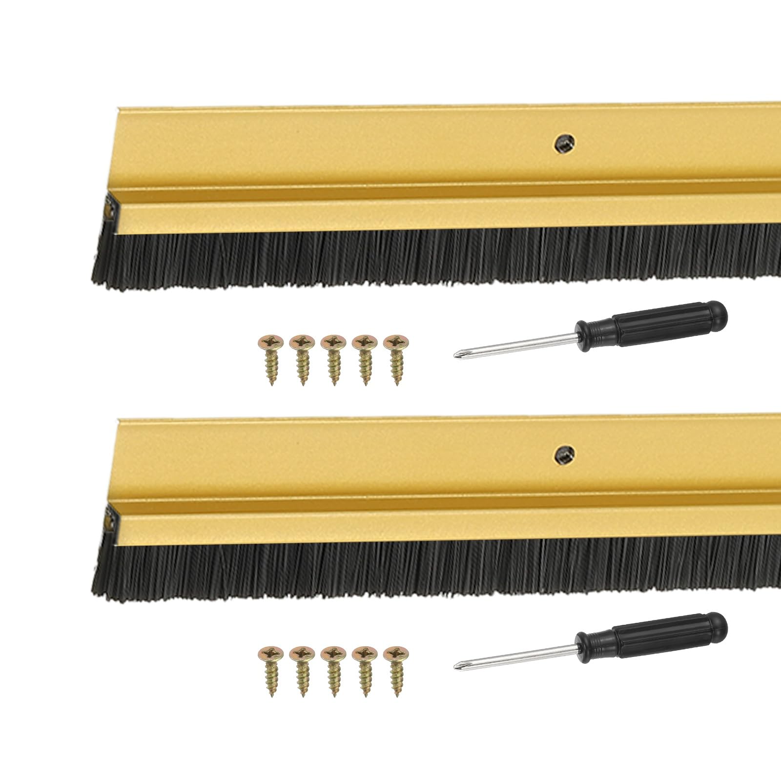 YELARXI Door Sweep Aluminum Alloy Brush Sweeps, 10mm Black PP Brush 1000 x 35mm Fit for Gaps of Door Bottom - H-Shape Holder (2 Pcs, Gold)