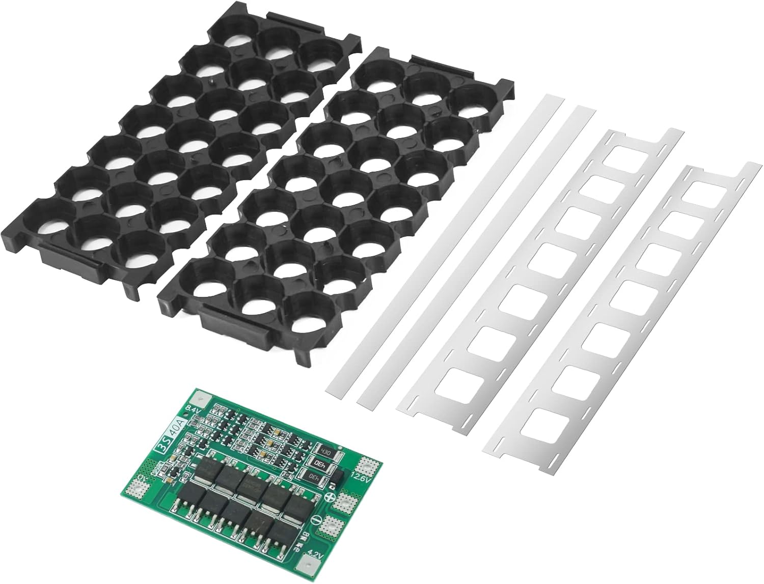 Assembled 18650 battery pack with BMS inside the green battery case.