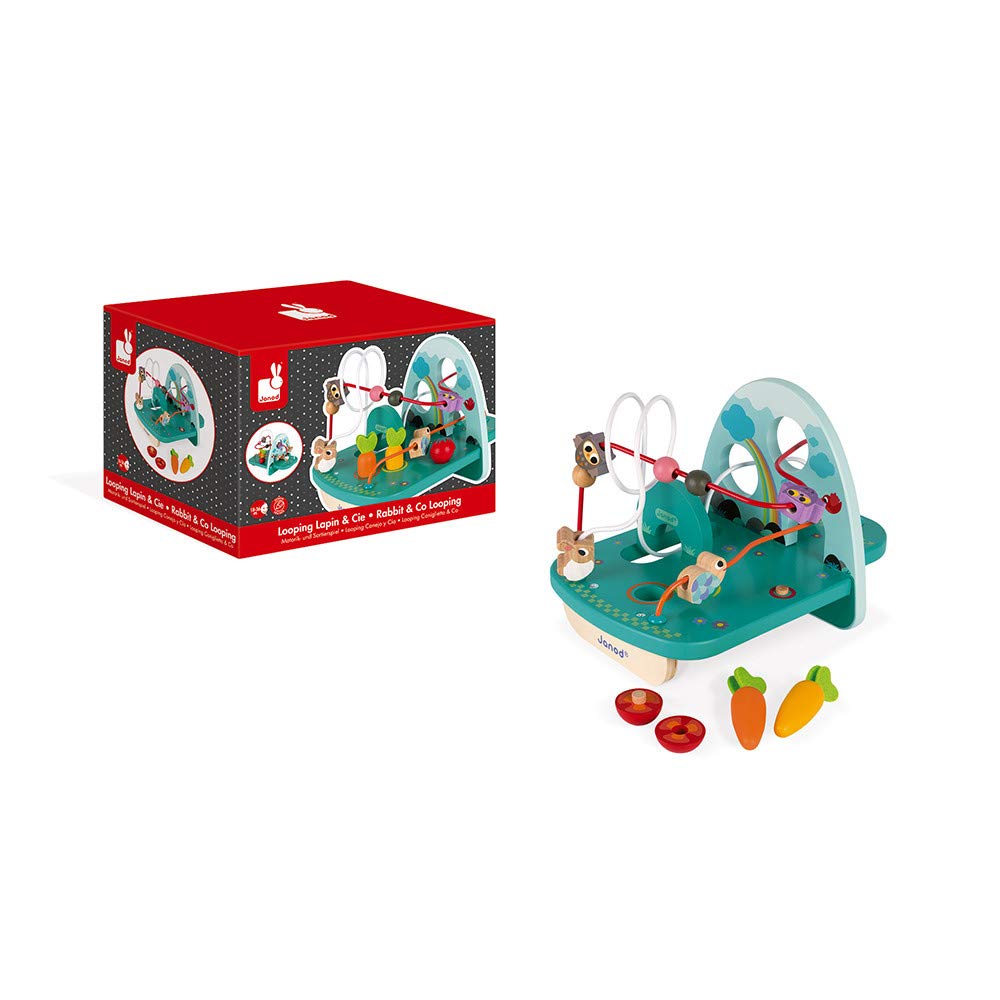 Janod - J08254 - Looping de Madera Multicolor con Conejo y Cía., Juguete de manipulación y Habilidades motrices para niños a Partir de 18 Meses