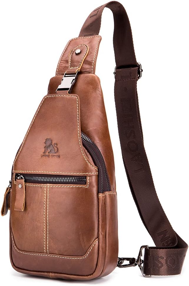 Leather Sling Bag Crossbody Backpack for Men Women Outdoor Travel Camping Hiking Shoulder Chest Day Pack Casual Daypack, Brown