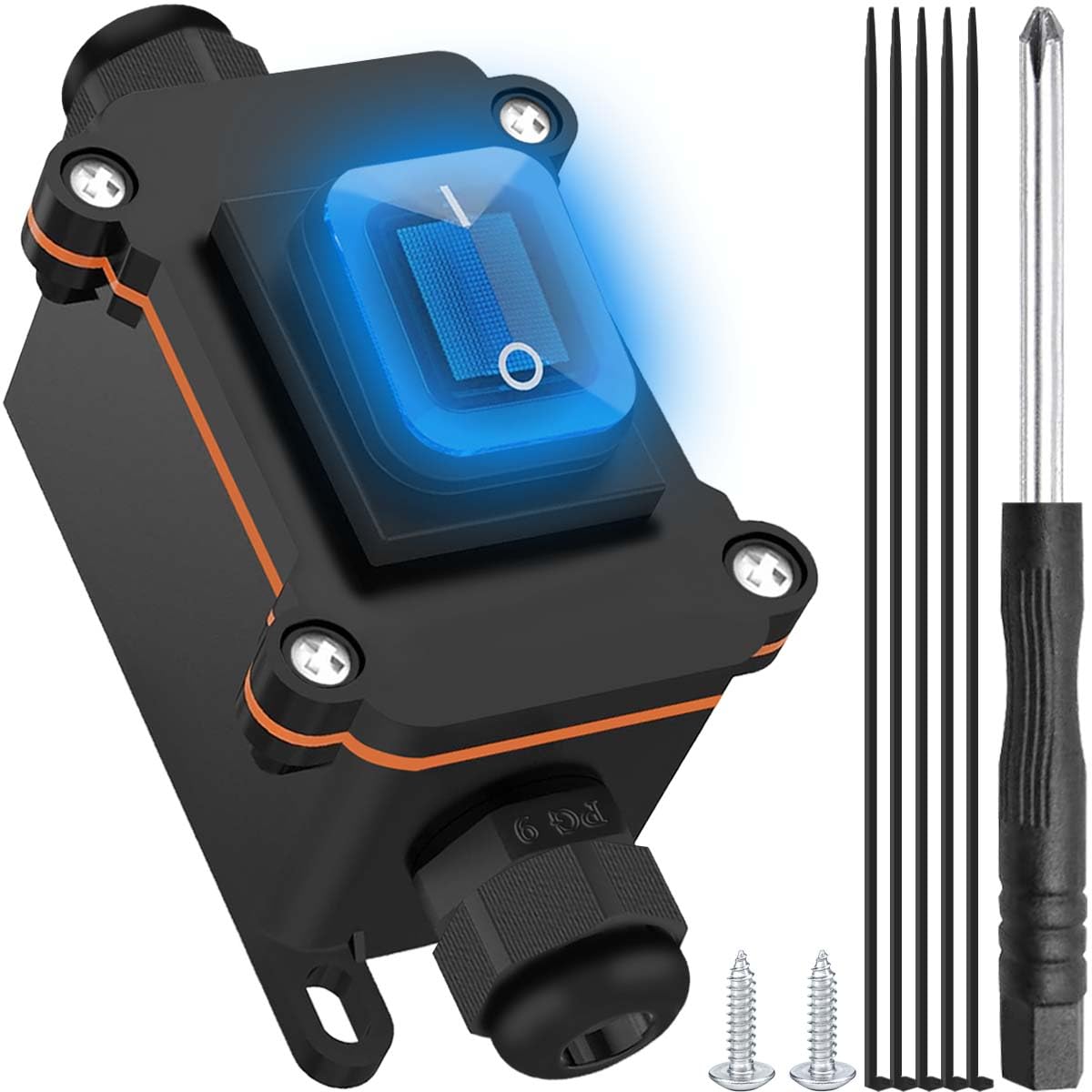 Inline Cord Switch IP66 Waterproof AC 16A 250V / AC 20A 125V Outdoor ON/Off Toggle Switch 4 Pin 2 Position DPST with Blue LED Rocker Button Screwdriver Cable Ties Two-Side Entry and Exit Line