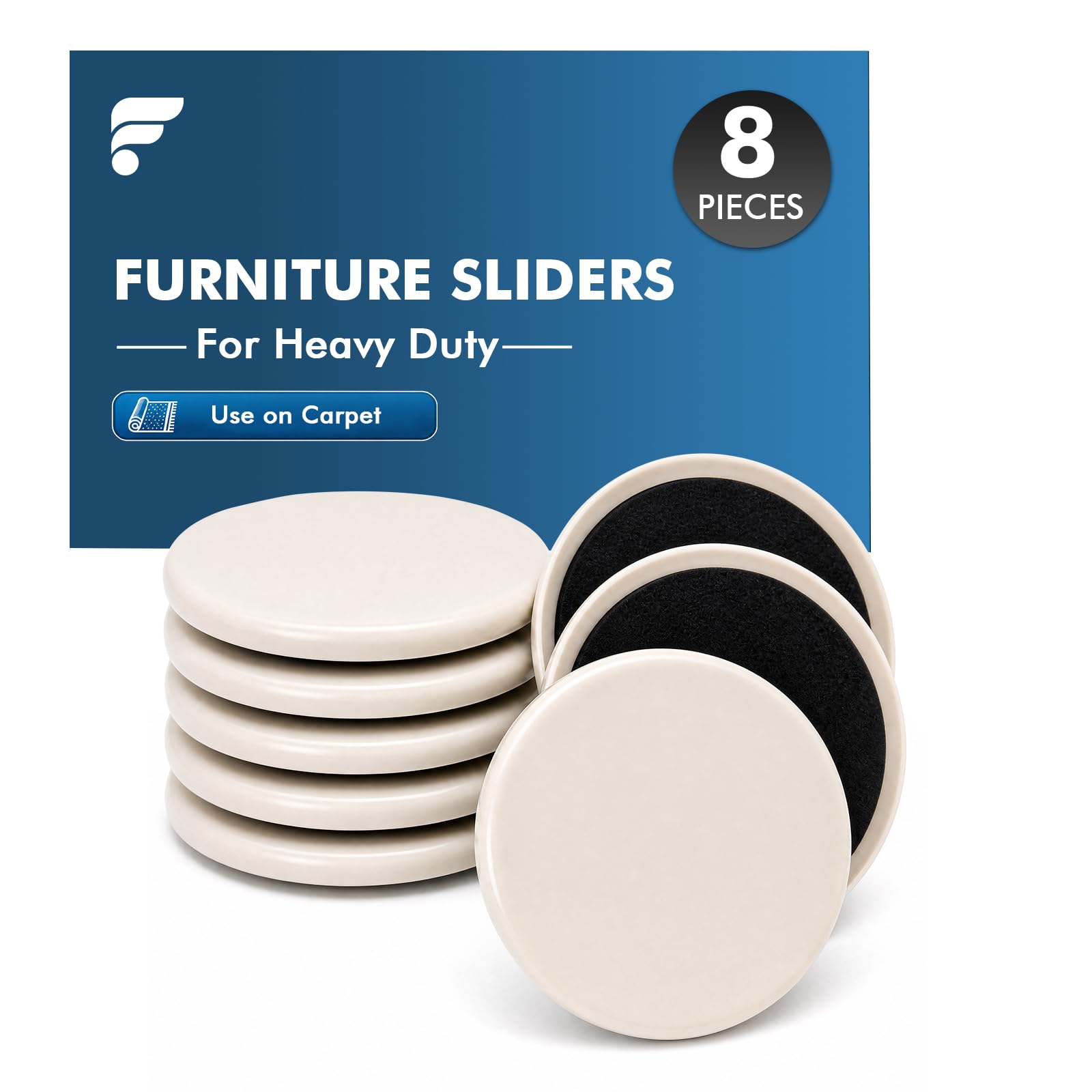 shinfly Furniture Sliders for Carpet Round - 8 Packs Reusable Beige Heavy Duty Furniture Gliders for Easily Moving Sofa, Bed, Chair, and Any Heavy Items (2.26 inch Diameter)