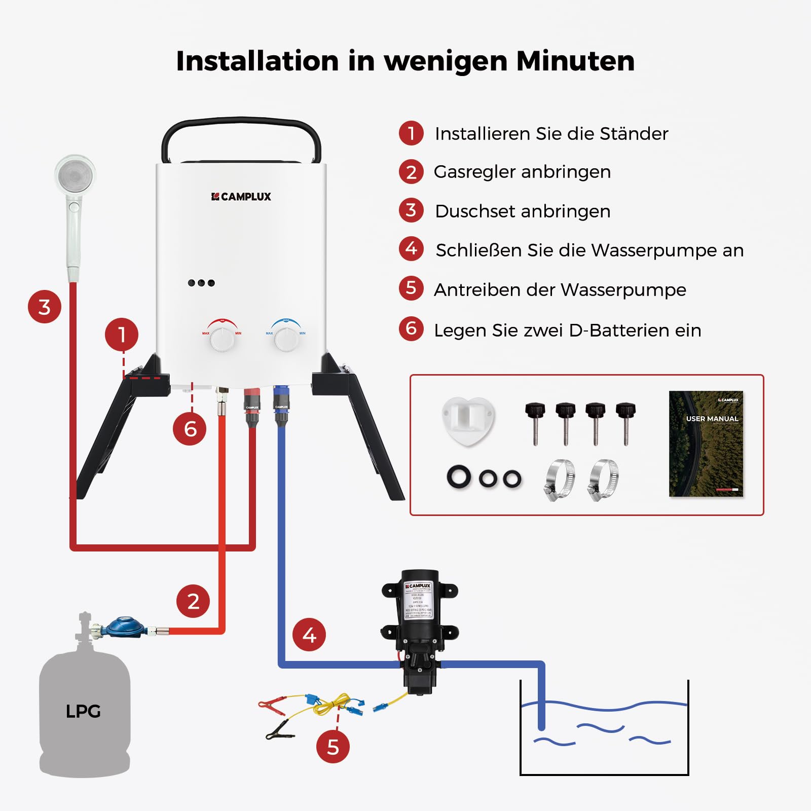 CAMPLUX 5 Liter Gasdurchlauferhitzer mit Stütz & Wasserpumpe, LPG, 50mbar, für Campingdusche/Wohnmobilausflug, AY132Max-DE mit Tragetasche