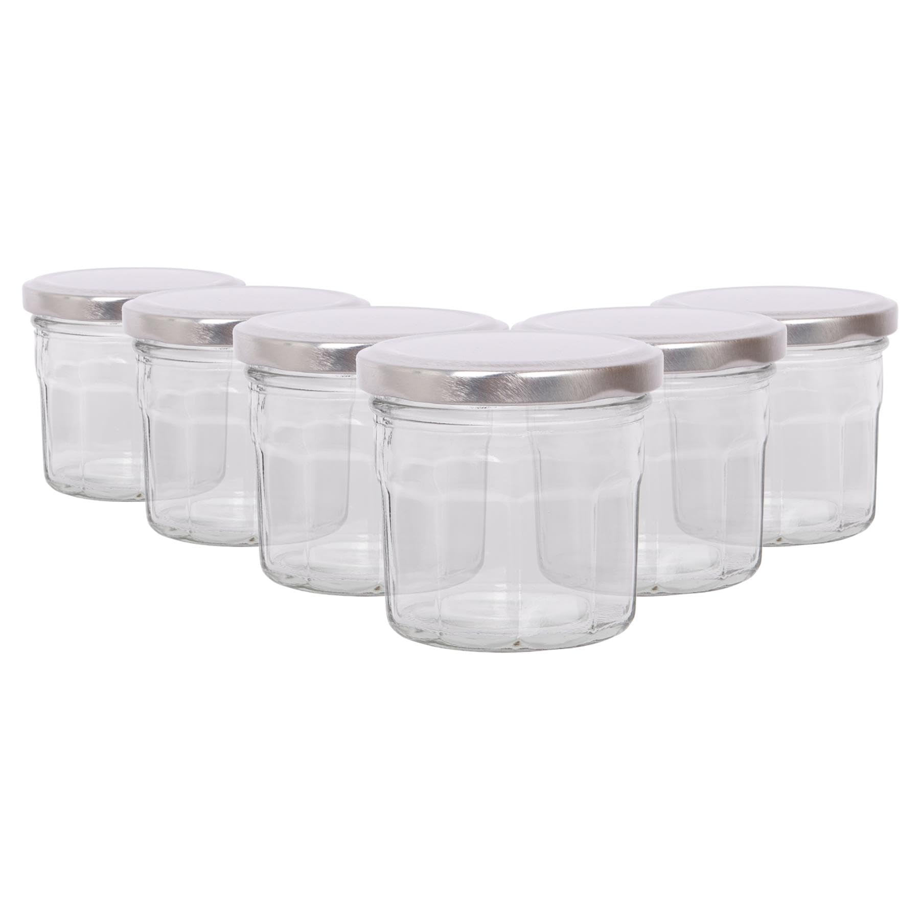 Argon Tableware Silver Lid Glass Jam Jars With Airtight S - 130Ml - Pack Of 6 - Empty Screw Top Kitchen Storage Jar For Food, Honey, Spice, Pickling, Preserving, Candle Making