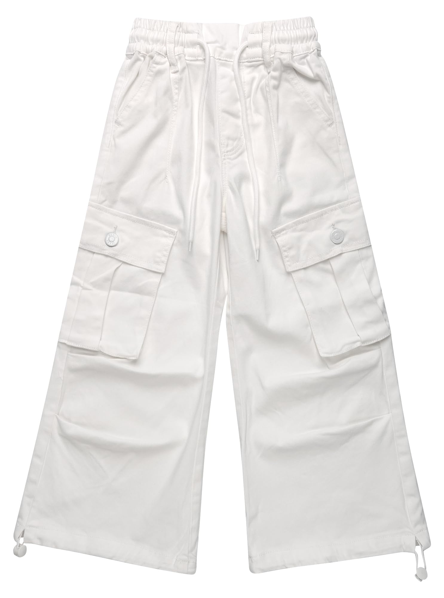KIDSCOOL SPACE Pantalones de mezclilla de pierna ancha para niñas de 6 bolsillos, cintura acanalada 5-14T con trabillas de anillo en D y jeans cargo de cuerda