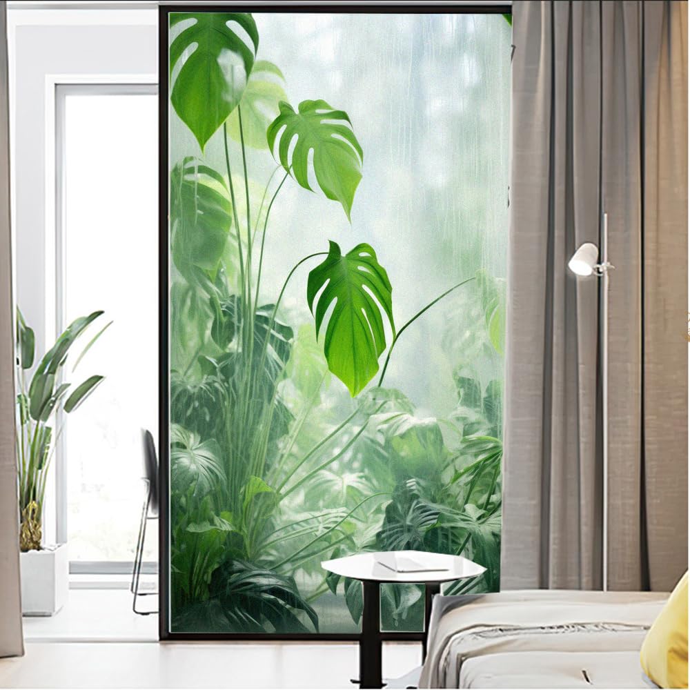 Privacy Window Film Green Plants Print Stained Glass Static Cling Window Treatments Window Coverings Glass Sticker Decorative Film for Siding Glass Door Home Decor 19.7