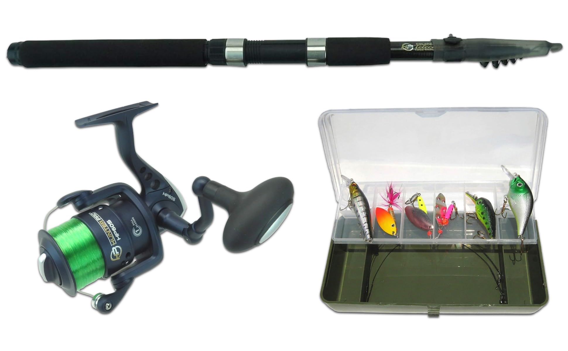 Roddarch Pike Fishing Spinning Kit 6ft 8ft 10 ft Carbon Telescopic Rod HP60S Reel Tackle & Box