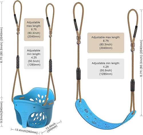 Miniatura 6 de Juego de 2 asientos de columpio de respaldo alto para niños pequeños con cuerda de altura ajustable de 4.2 a 6.7 pies, juego de asientos de columpio