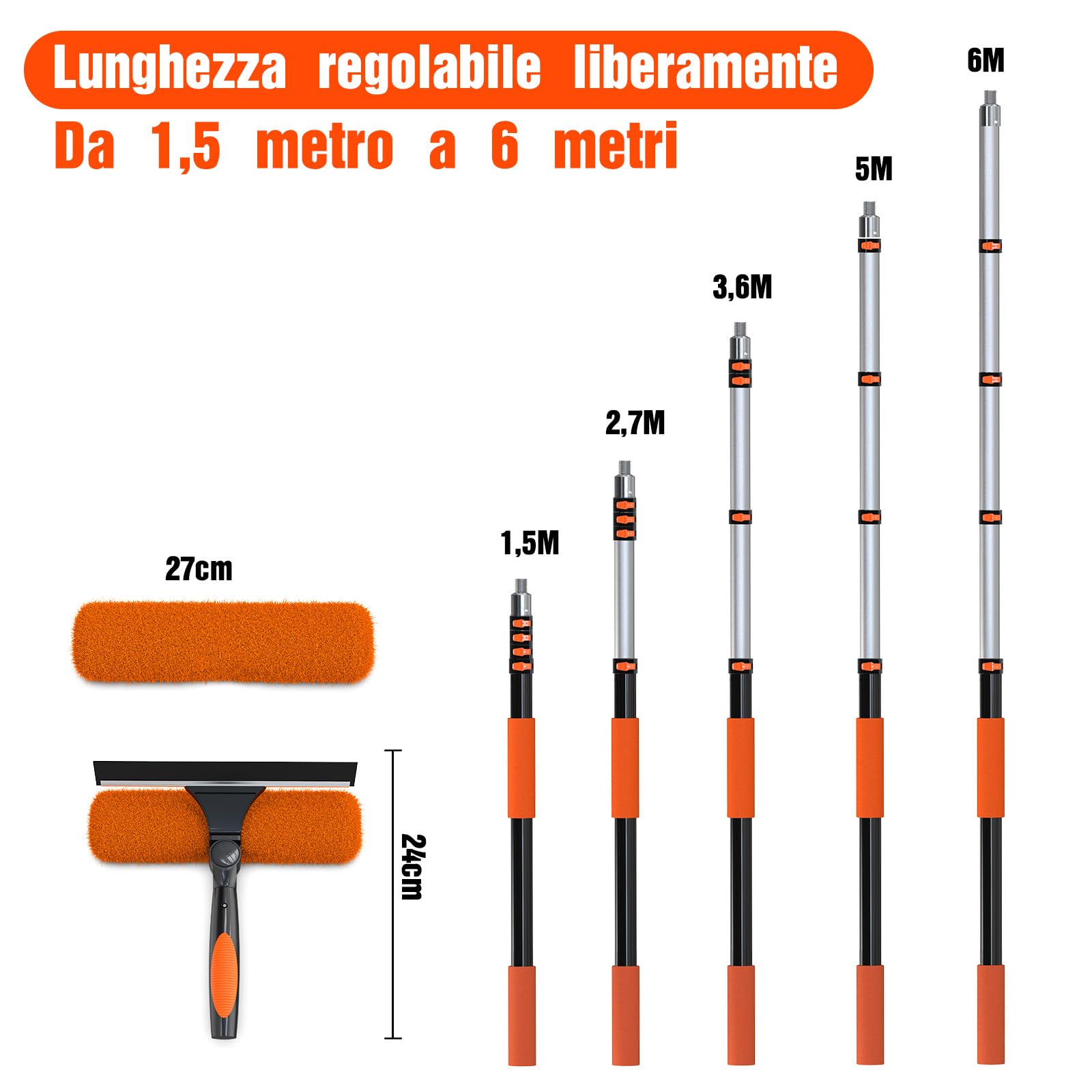 LAANPOLE Lavavetri con Asta Estensibile 6m, Lavavetri 2-in-1 per Pulizia Vetri, Kit di Pulizia Professionale per la Casa con Asta Telescopica 6m per Uso Interno ed Esterno
