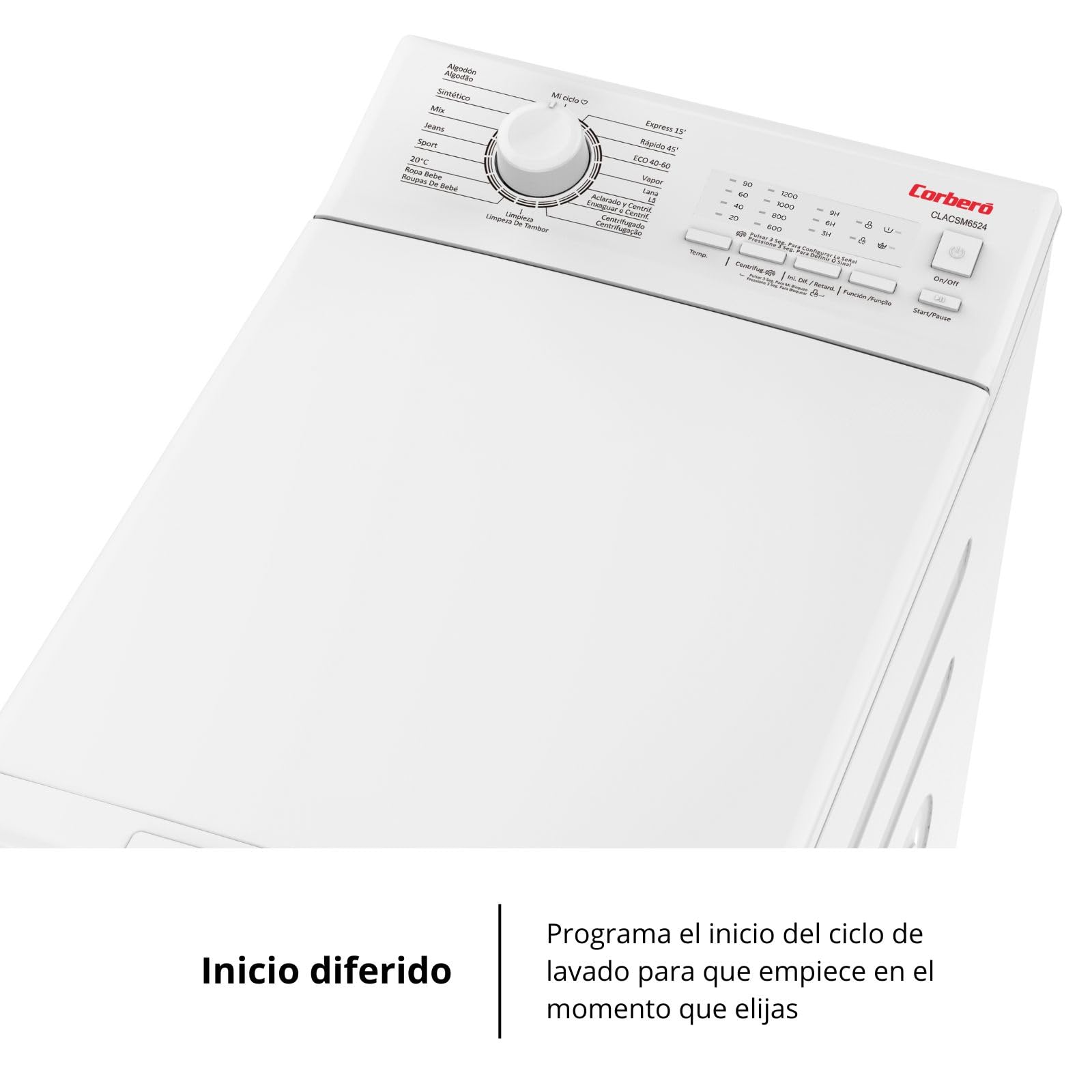 Corberó - Lavadora Carga Superior 6.5kg| CLACSM6524 | 1200 RPM | 16 Programas, Función Vapor, ECO, limpieza tambor| Inicio Diferido| Lavado Rápido | Planchado Fácil | Indicadores LED | Blanco — view 10