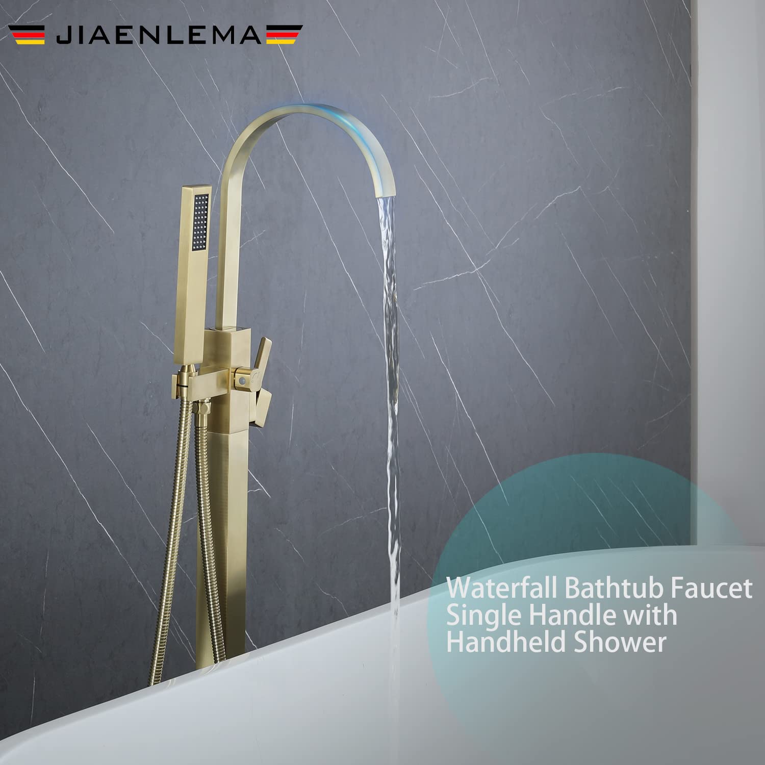 Waterfall Floor Mount Freestanding Bathtub Faucet Brushed Gold Single Handle Freestanding Tub Faucet Brass Tub Filler Tub Shower Faucet with Hand Shower 59in Hose Bathtub & Shower Systems JIAENLEMA