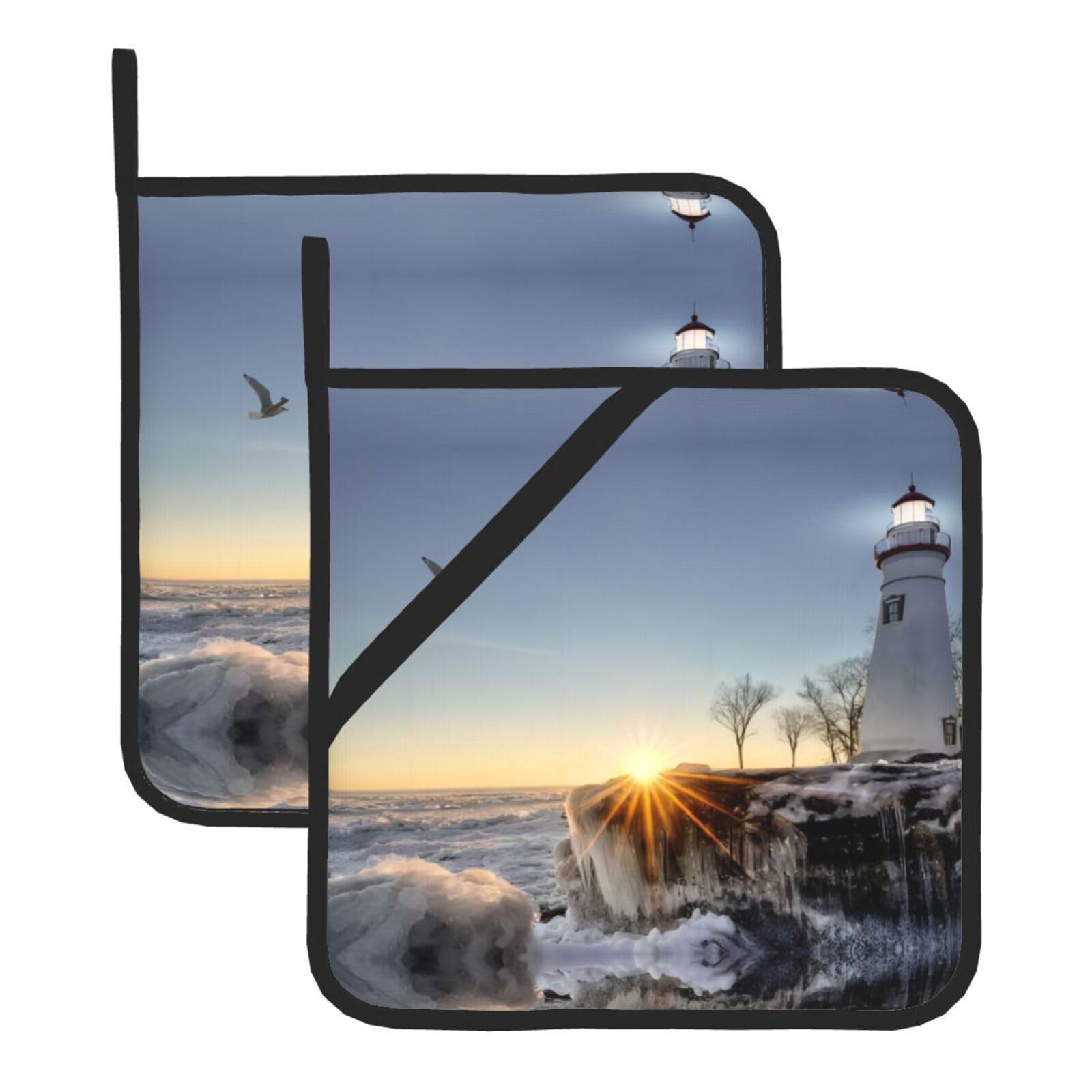 WHJSSF Lighthouse Rocks Seaside Prints Square Pot Holders - Heat Resistant Kitchen Trivets 2-Pack - Waterproof Covers for Hot Dishes, Oven & Grill with Hanging Loop