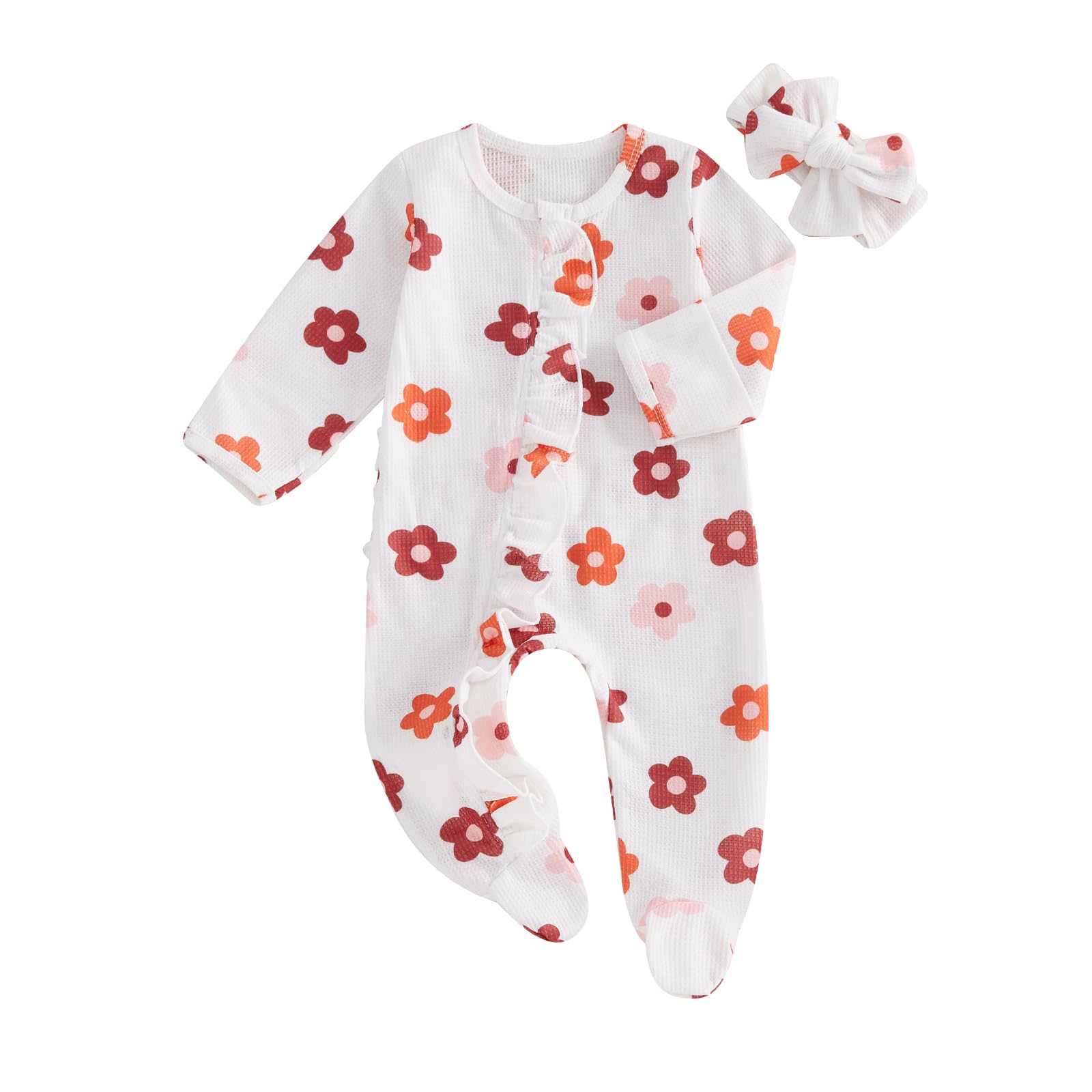 Kutterild Newborn Girl Frills Rompers Crew Neck Long Sleeve Baby Jumpsuits Infant Baby Girl Clothes Bodysuits with Headband (Colorful, 0-3 Months)