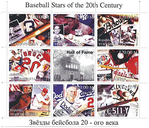 Stars Baseball del foglio di francobolli da collezione del 20 ° secolo con Babe Ruth, Yogi Berra, Satchel Paige e altri/Turkmenistan / 1999