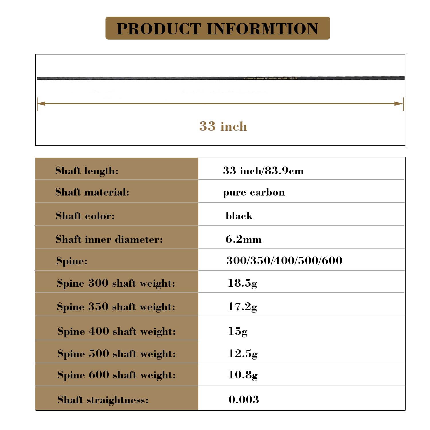 TOPARCHERY Alberi Freccia Alberi in Carbonio Puro 33 Pollice Freccia Tubo Spina 300 350 400 500 600 per FAI DA TE Frecce Caccia Ricurvo Arco Compound Bow 12Pcs
