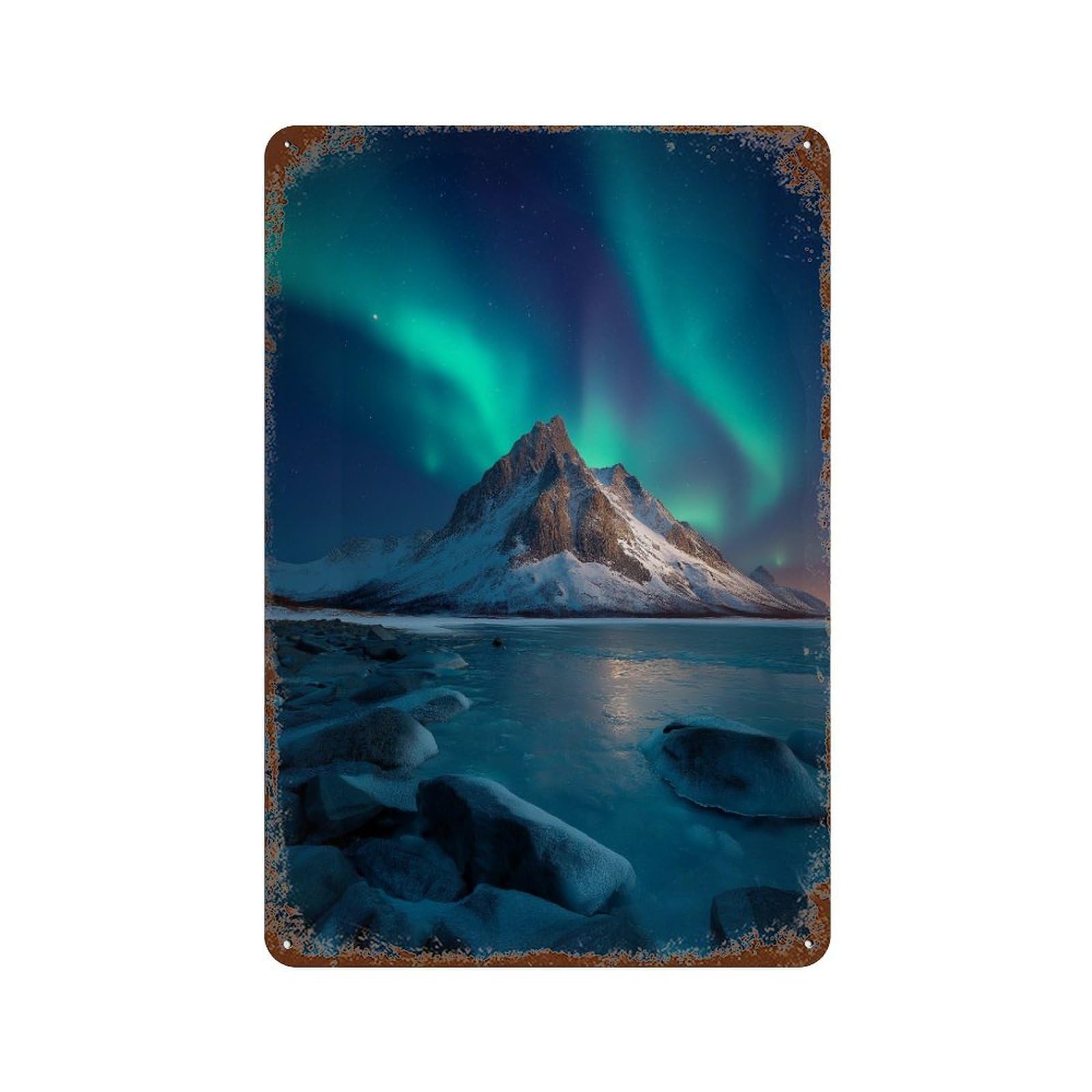 Aurora Borealis Mountain Landscape Rust Effect Tin Sign 11.8"x7.9", Retro Wall Decor for Pub, Kitchen And Man Cave Decor