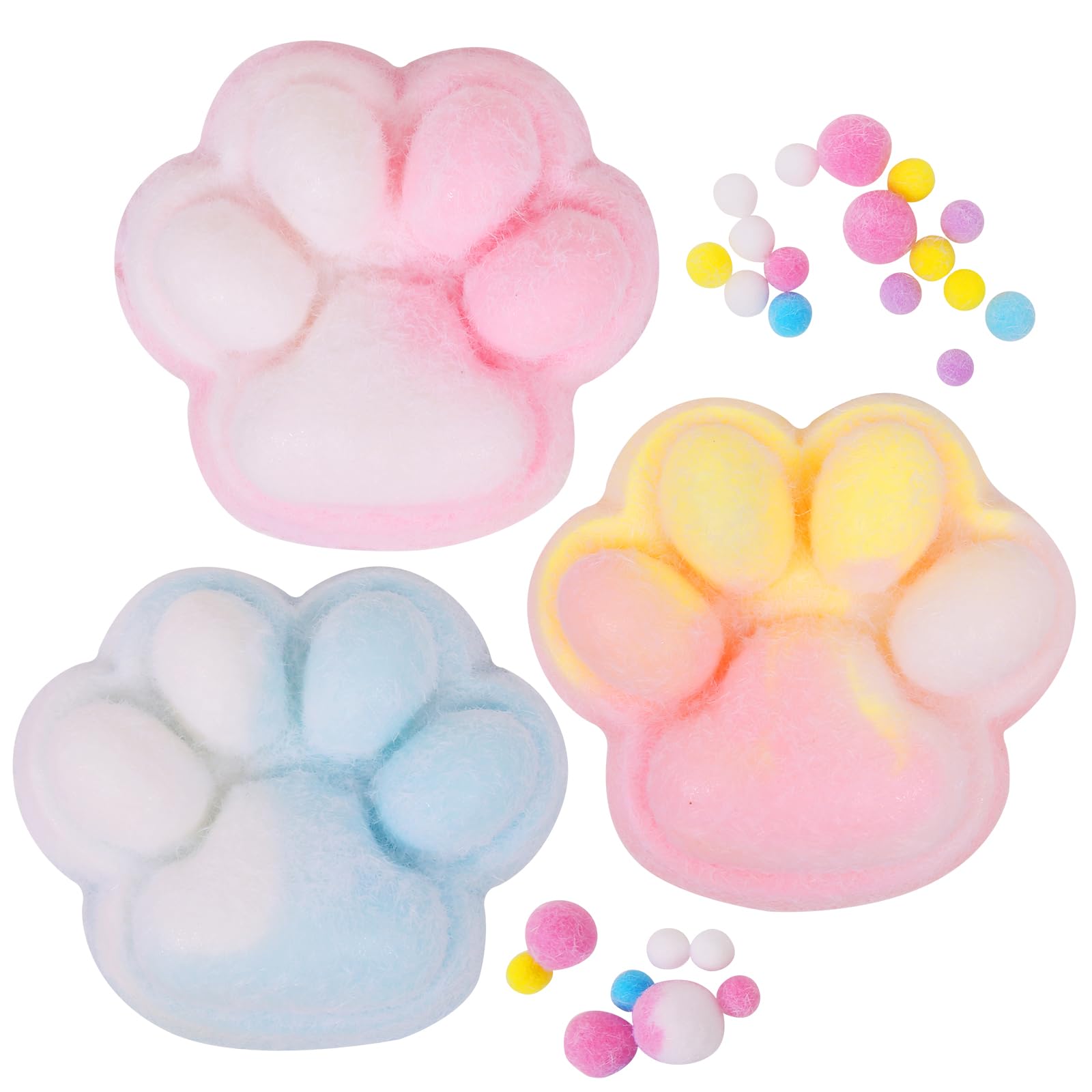 Rainbow Big 5in Cat Paw Squeeze Toys - 3pcs Squishy Cute Kawaii Squishies, Jelly Kitty Fur Ball, Funny for Adults Kids