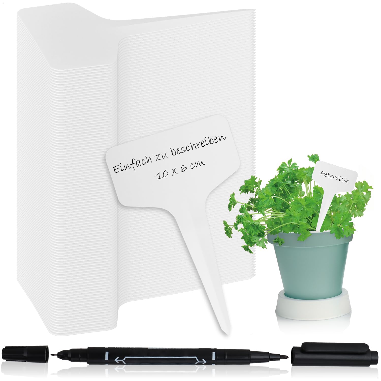 com-four® 100x Pflanzschilder mit Dual-Tip Marker – Praktische Steck-Etiketten (10 cm) für Garten, Balkon & Zimmerpflanzen – Perfekt zum Beschriften von Beeten, Kübeln & Anzuchtstationen