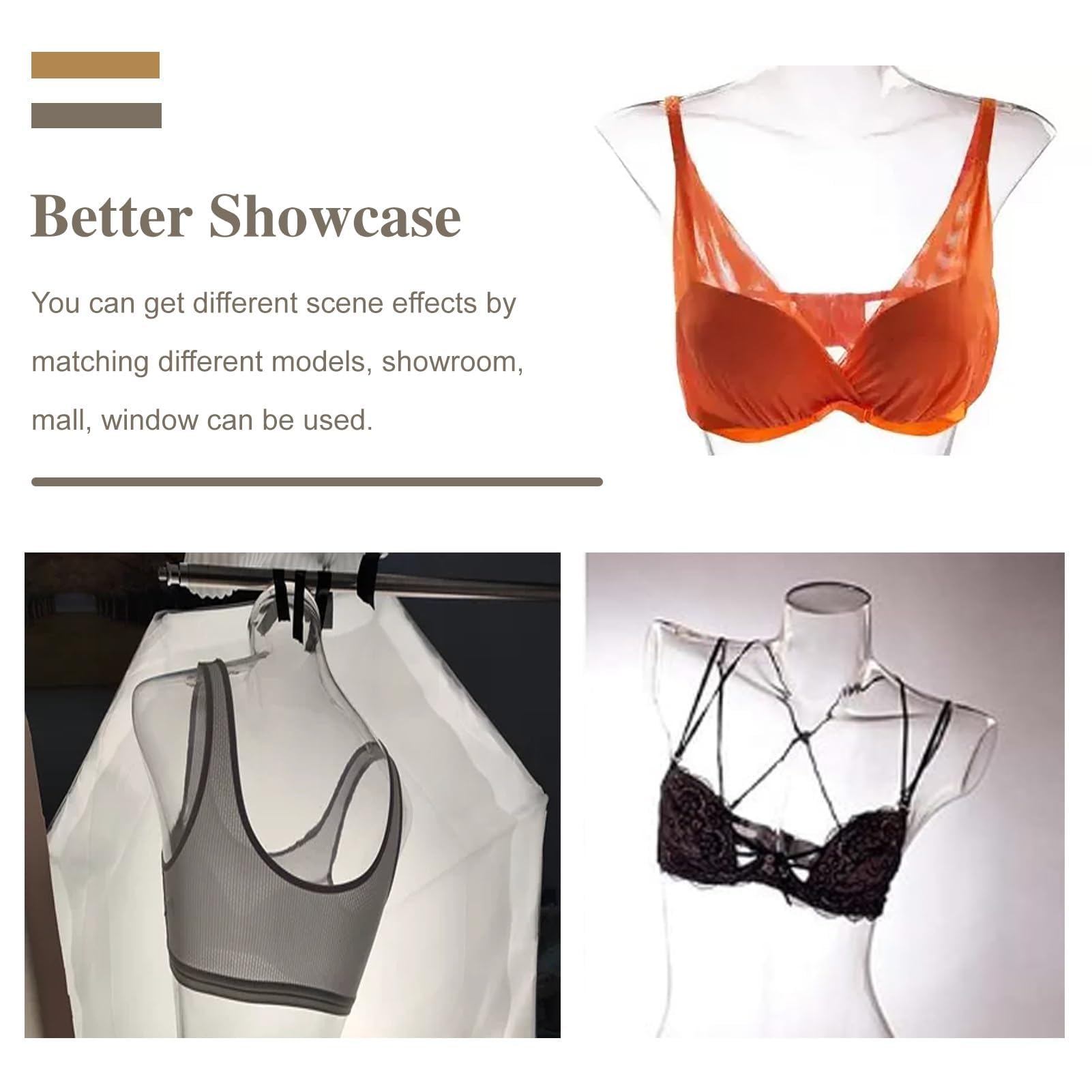 Maniquí de torso femenino de plástico transparente, forma rígida de medio cuerpo para exhibición de ropa con perchero