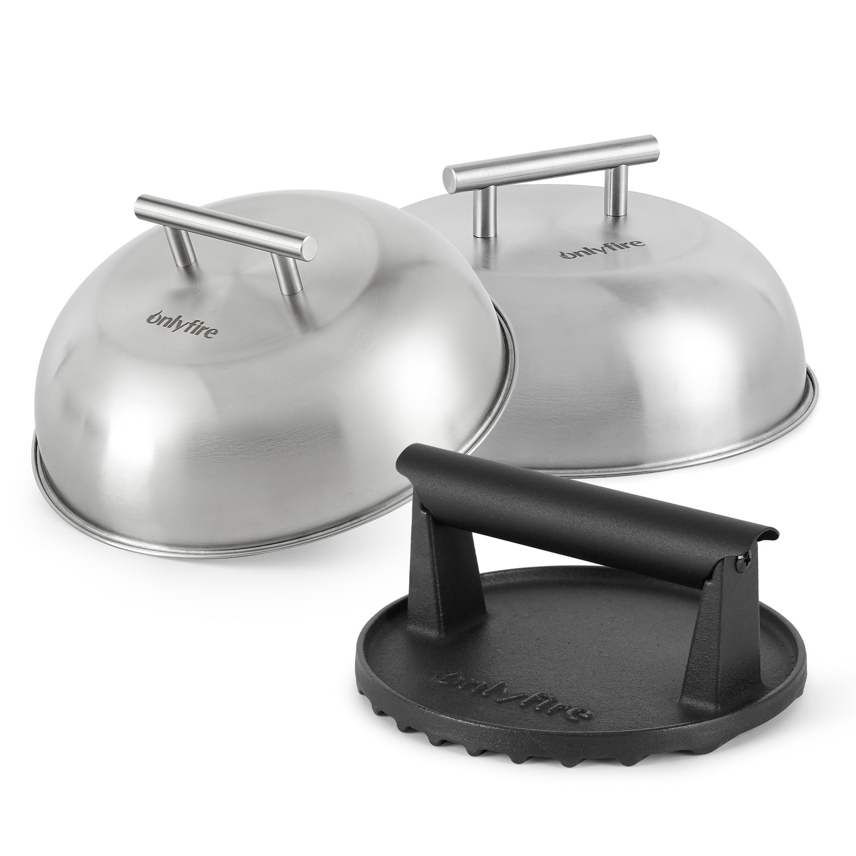 Onlyfire Set Smash Burger 3 Pièces, Presse à Burger Fonte et 2 Cloches Cuisson Acier Inoxydable, Kit Plancha Barbecue