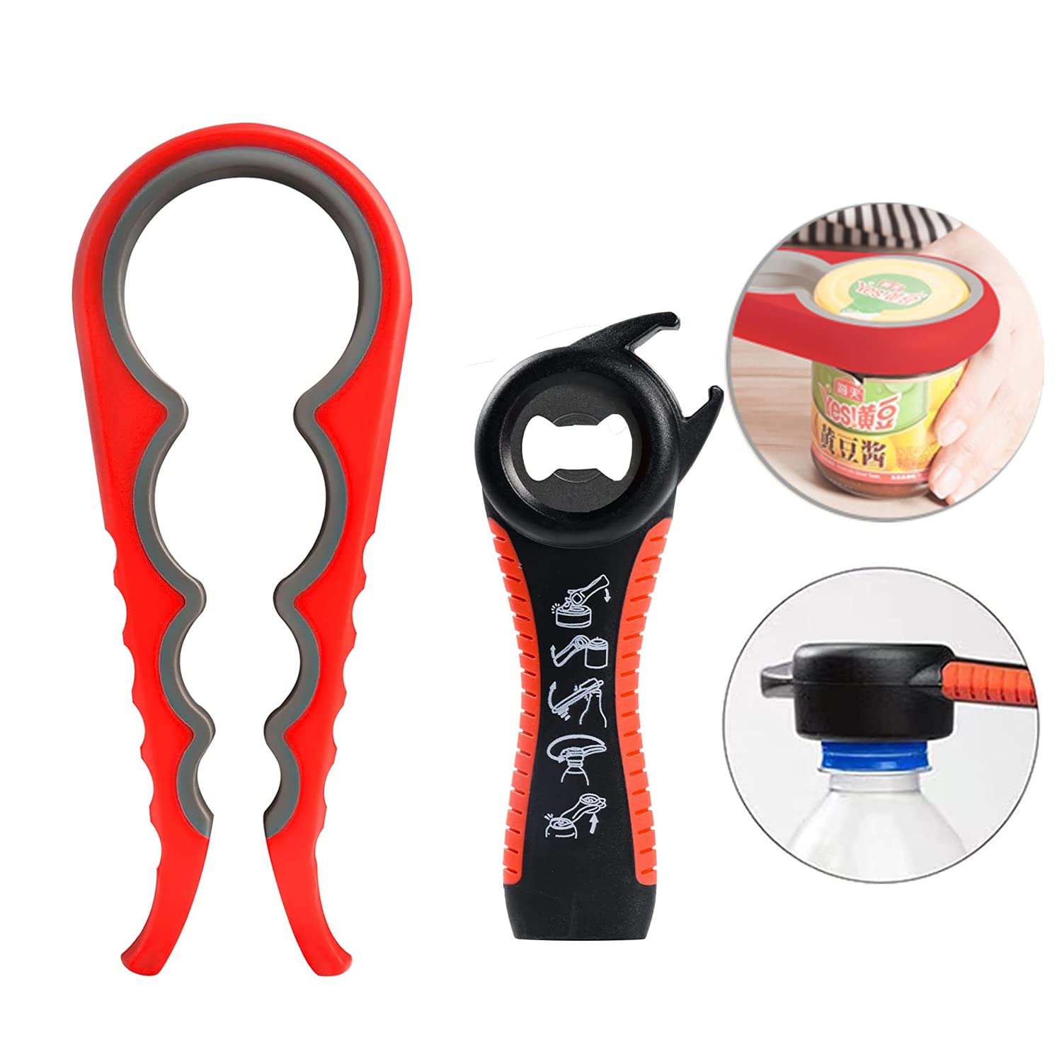 Abridor de tarros para manos débiles, kit de abridor de botellas multifunción 5 en 1 con mango de silicona, fácil de usar para niños, ancianos y personas con artritis, rojo