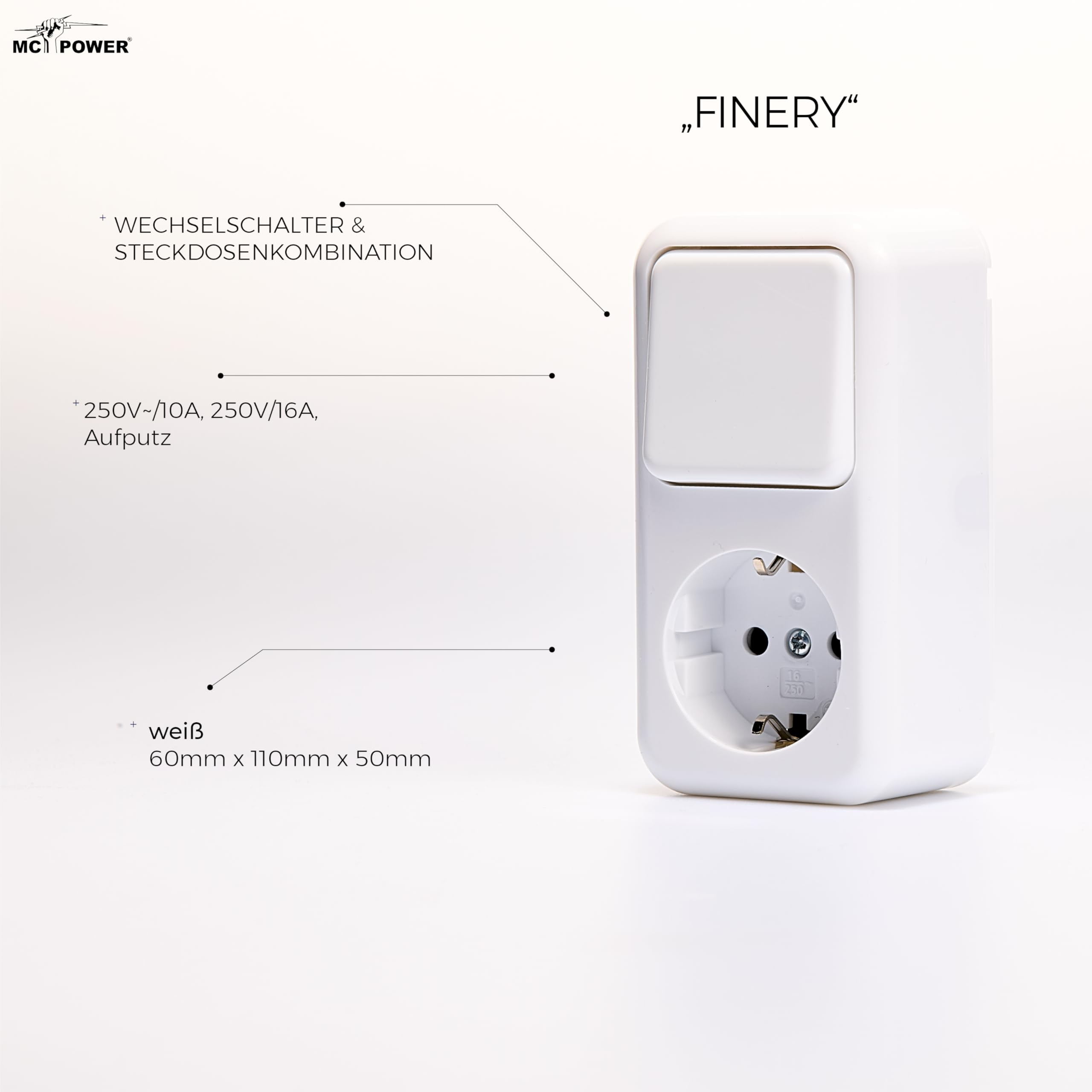 Combinación de tomas de corriente para conmutador de superficie | galas | Toma de contacto de protección AP 250V/16A, interruptor de superficie 250V/10A para interior, blanco