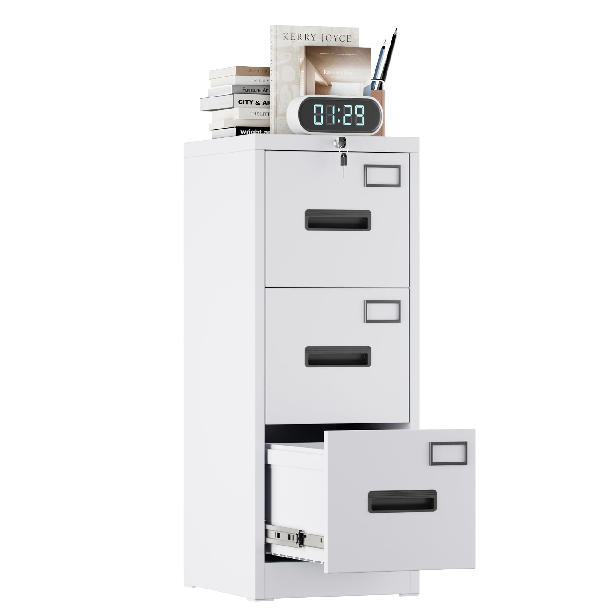 Armoire de classement A4 - en métal - Verticale - Armoire de Bureau pour Bureau à Domicile - Support d'imprimante - avec 3 tiroirs verrouillables pour dossiers Suspendus (Blanc)