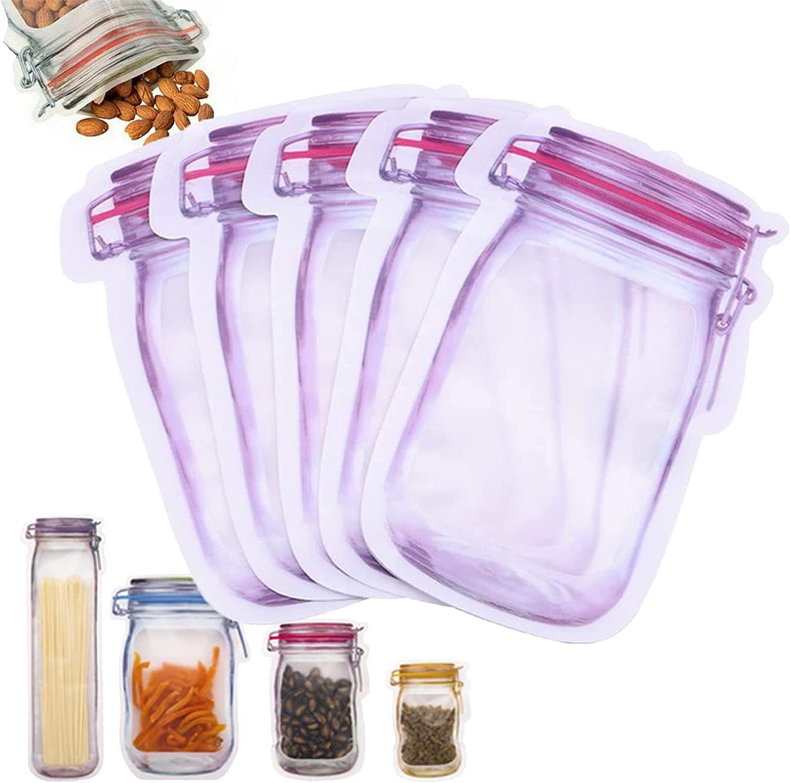 Reusable Mason Bottle Ziplock Bags, Airtight Seal, Leak Proof Food Storage Snack Saver Pouches, Stand Up Container Retail Package (M-5pcs)
