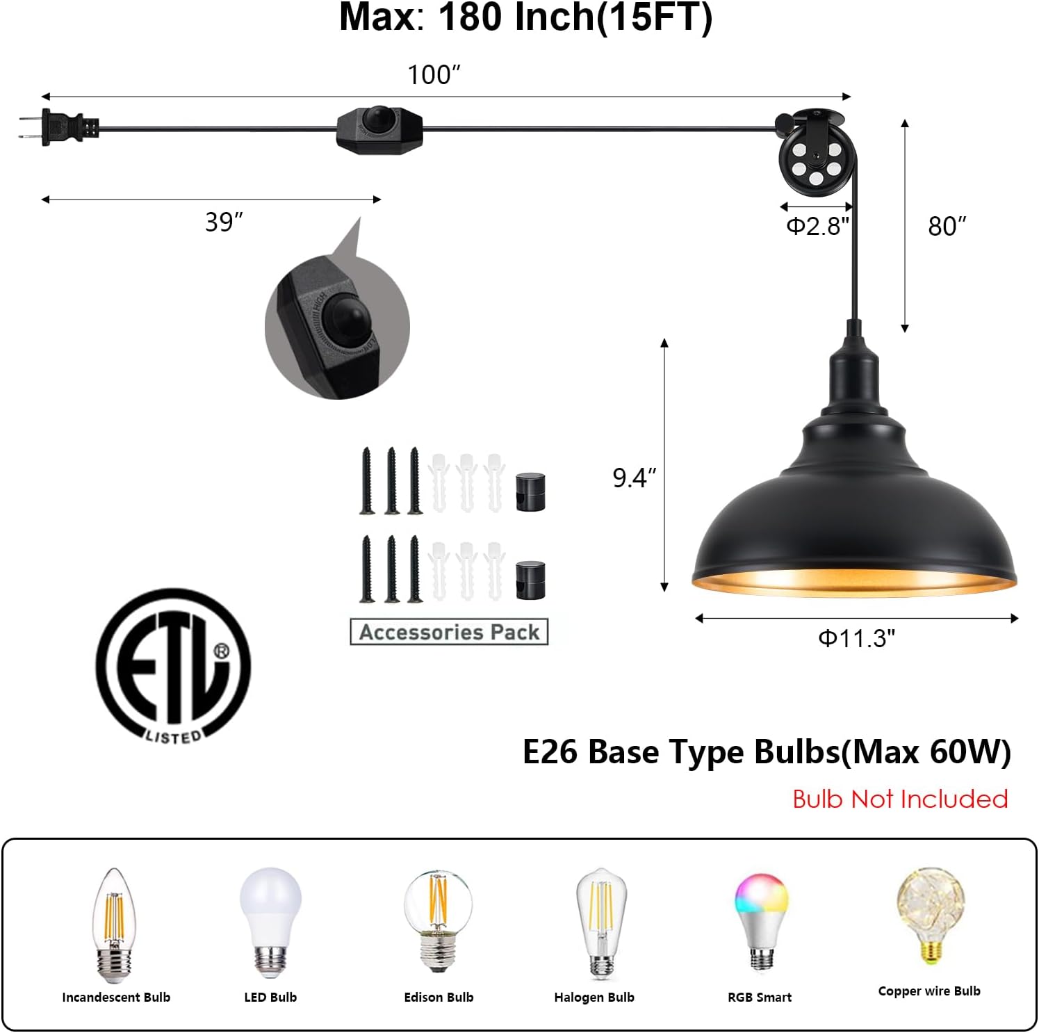 Black Pendant Light Hanging Lamps for Living Room Plug in 15FT Dimmable Switch Adjustable Pulley Hanging Lights with Cord for Kitchen Bedroom 2 Pack