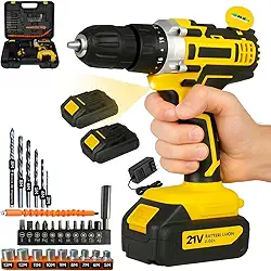 Furadeira e Parafusadeira de Impacto Sem Fio 21V com LED, 2 Baterias Recarregáveis Bivolt e 32 Acessórios - Maleta Completa para Uso Doméstico e Profissional