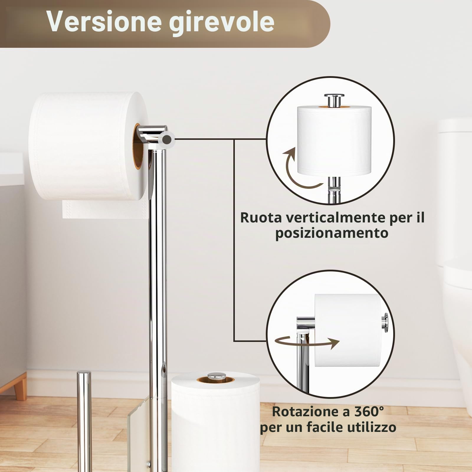 Porta Carta Igienica da Terra con Scopino - Acciaio Inox Piantana Portarotolo per WC, con Spazzolino, Vetro, Senza Forare, in Piedi (Argento)